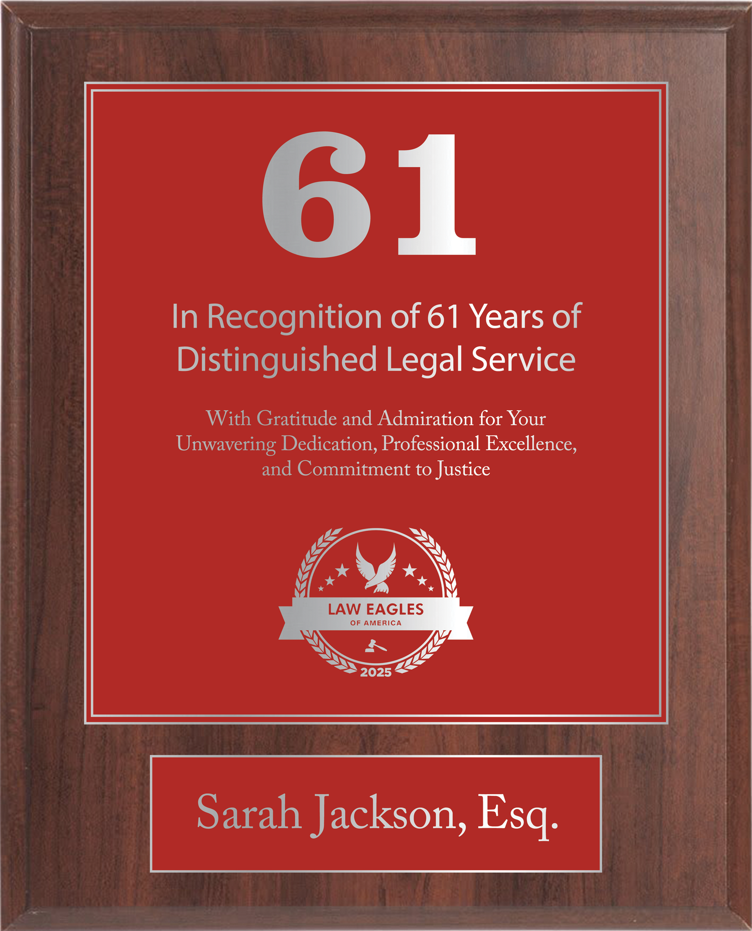 Silver Wood Custom Anniversary Recognition Plaque