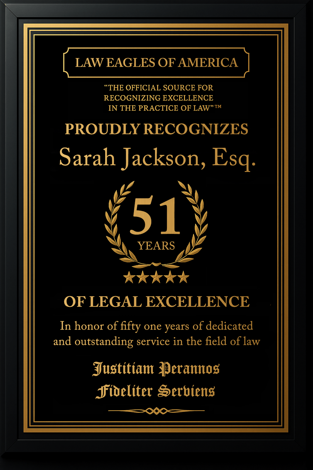 Gold Custom Anniversary Recognition Plaque - Law Eagles of America