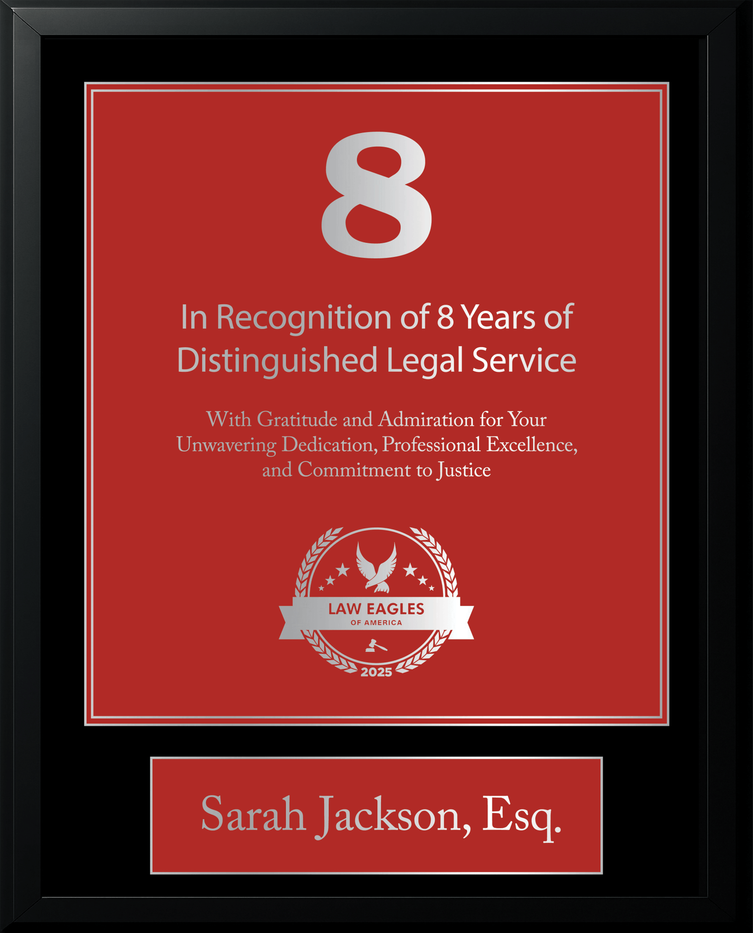 Silver Black Wood Custom Anniversary Recognition Plaque - Law Eagles of America