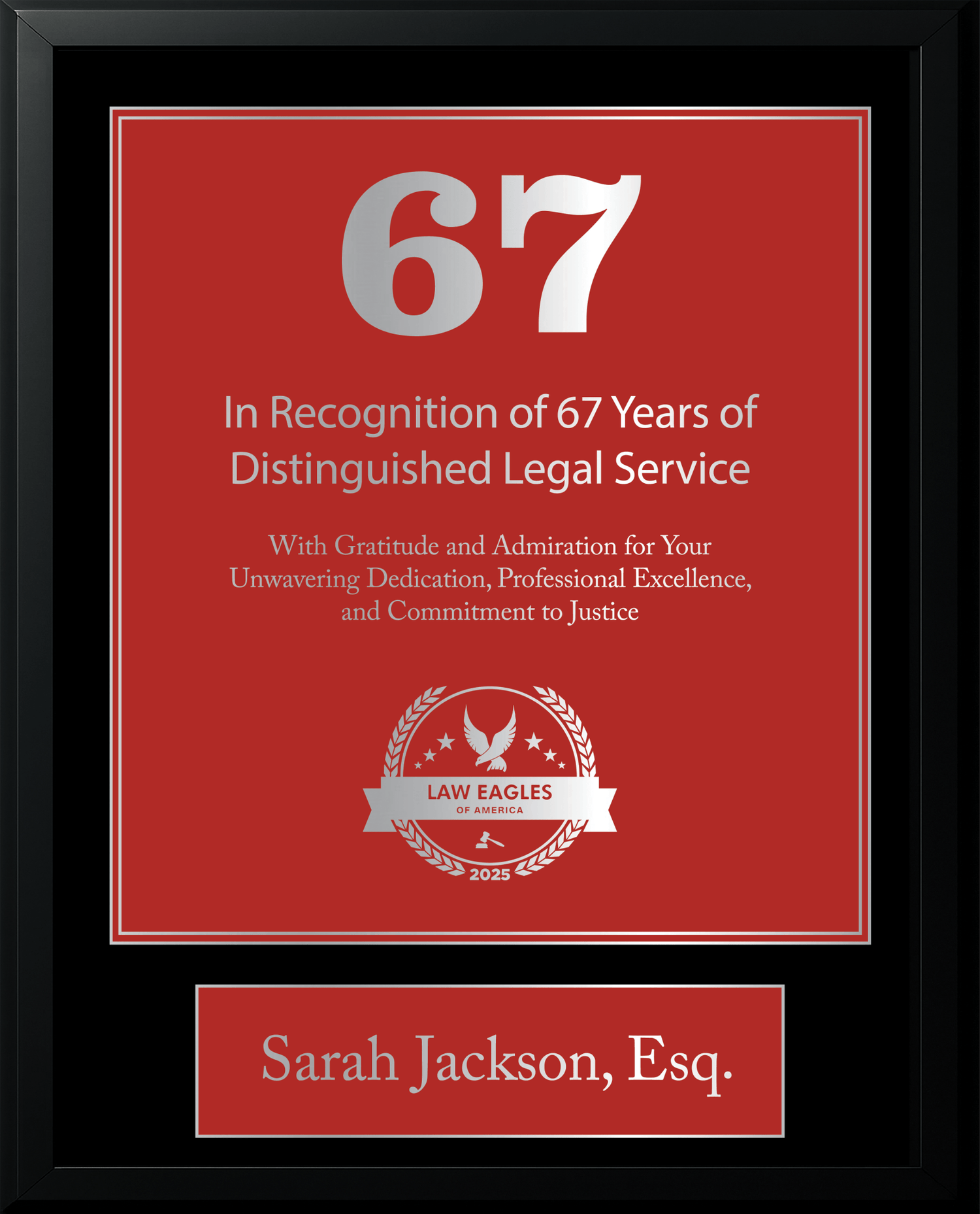 Silver Black Wood Custom Anniversary Recognition Plaque - Law Eagles of America