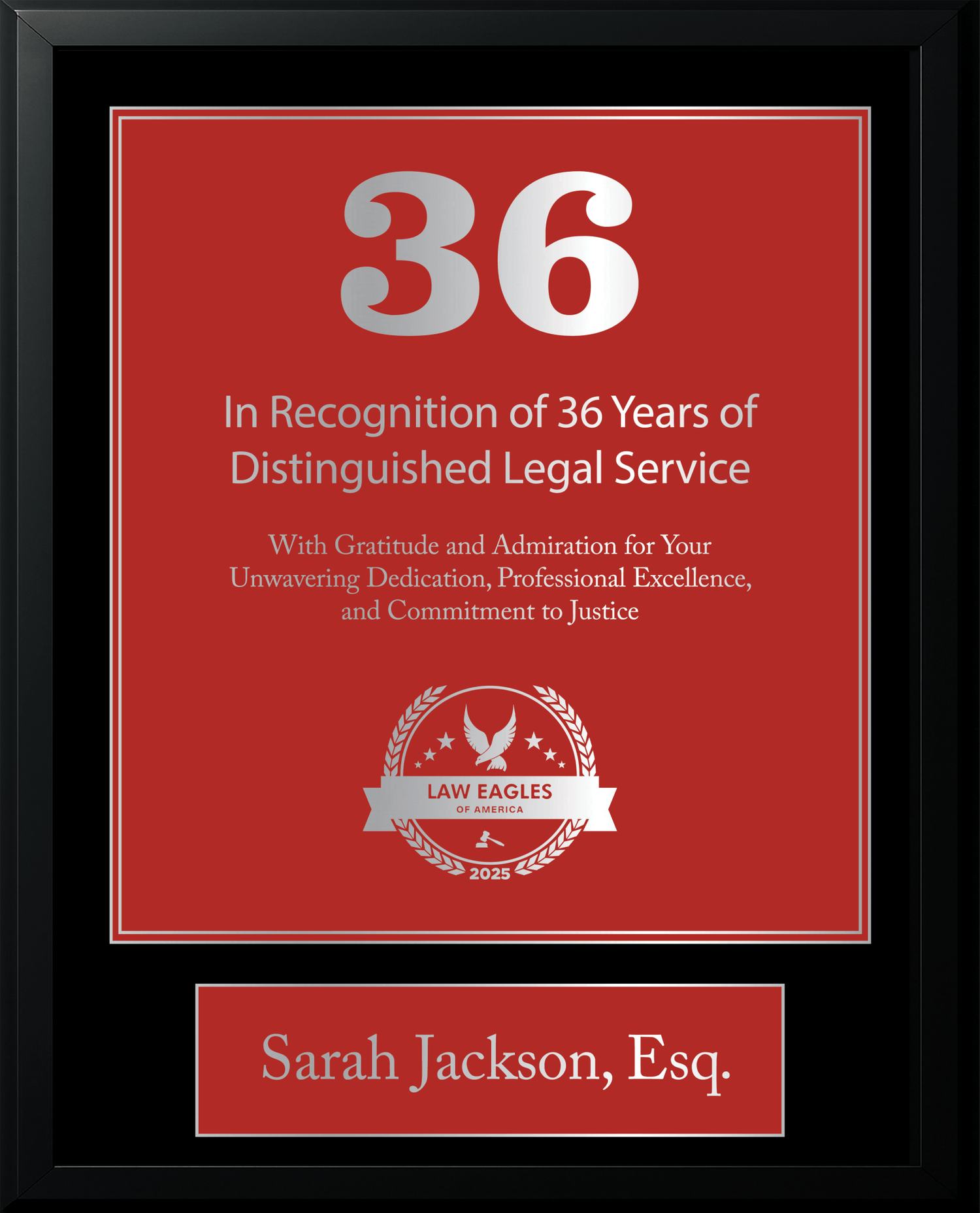 Silver Black Wood Custom Anniversary Recognition Plaque - Law Eagles of America