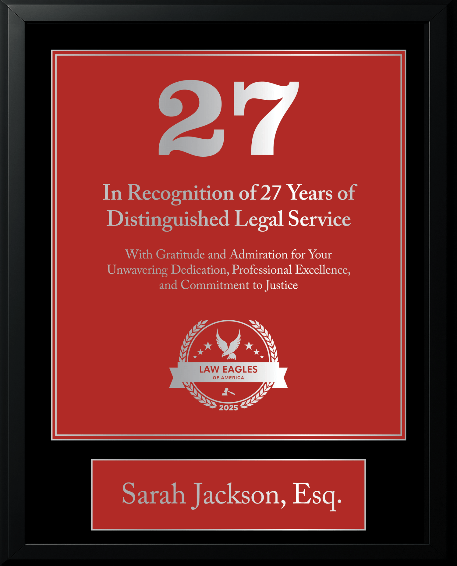 Silver Black Wood Custom Anniversary Recognition Plaque - Law Eagles of America