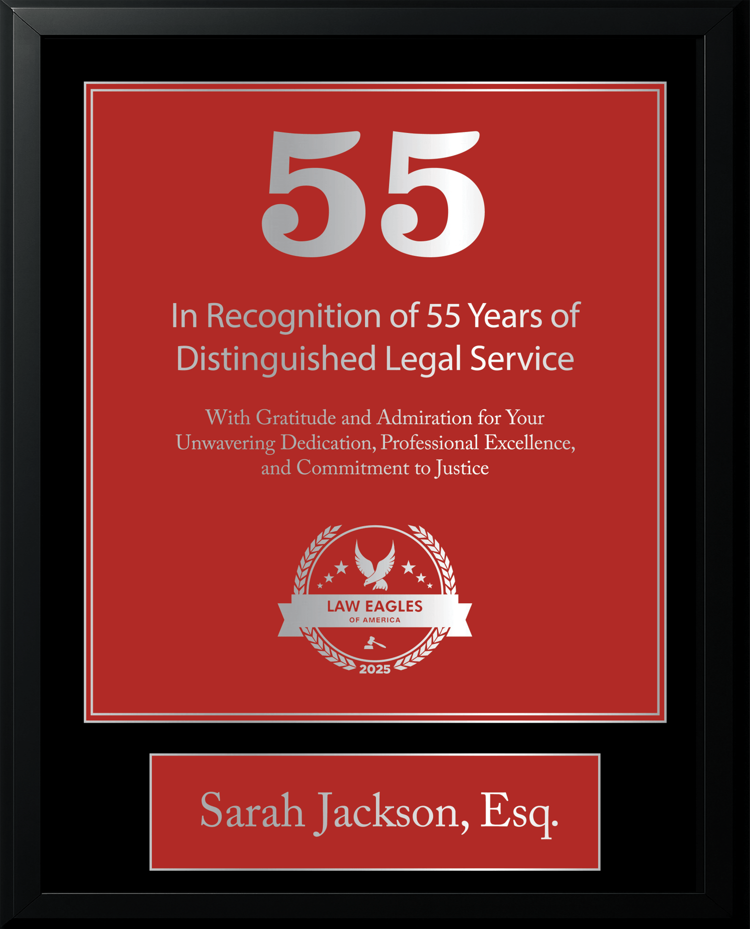 Silver Black Wood Custom Anniversary Recognition Plaque - Law Eagles of America