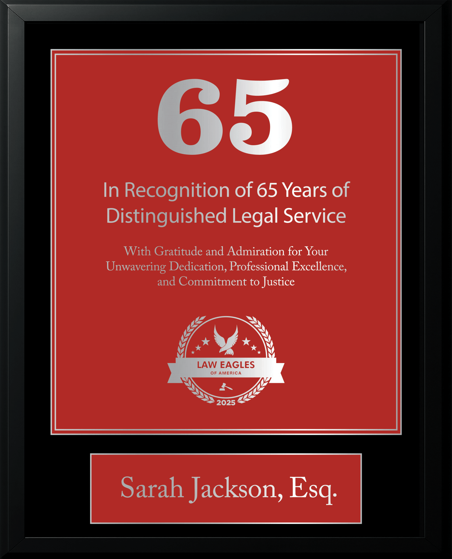 Silver Black Wood Custom Anniversary Recognition Plaque - Law Eagles of America