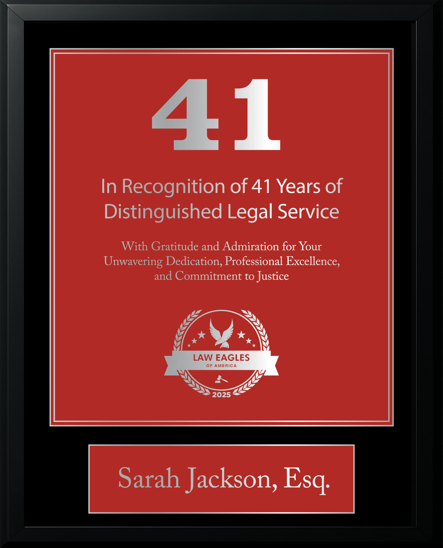 Silver Black Wood Custom Anniversary Recognition Plaque - Law Eagles of America