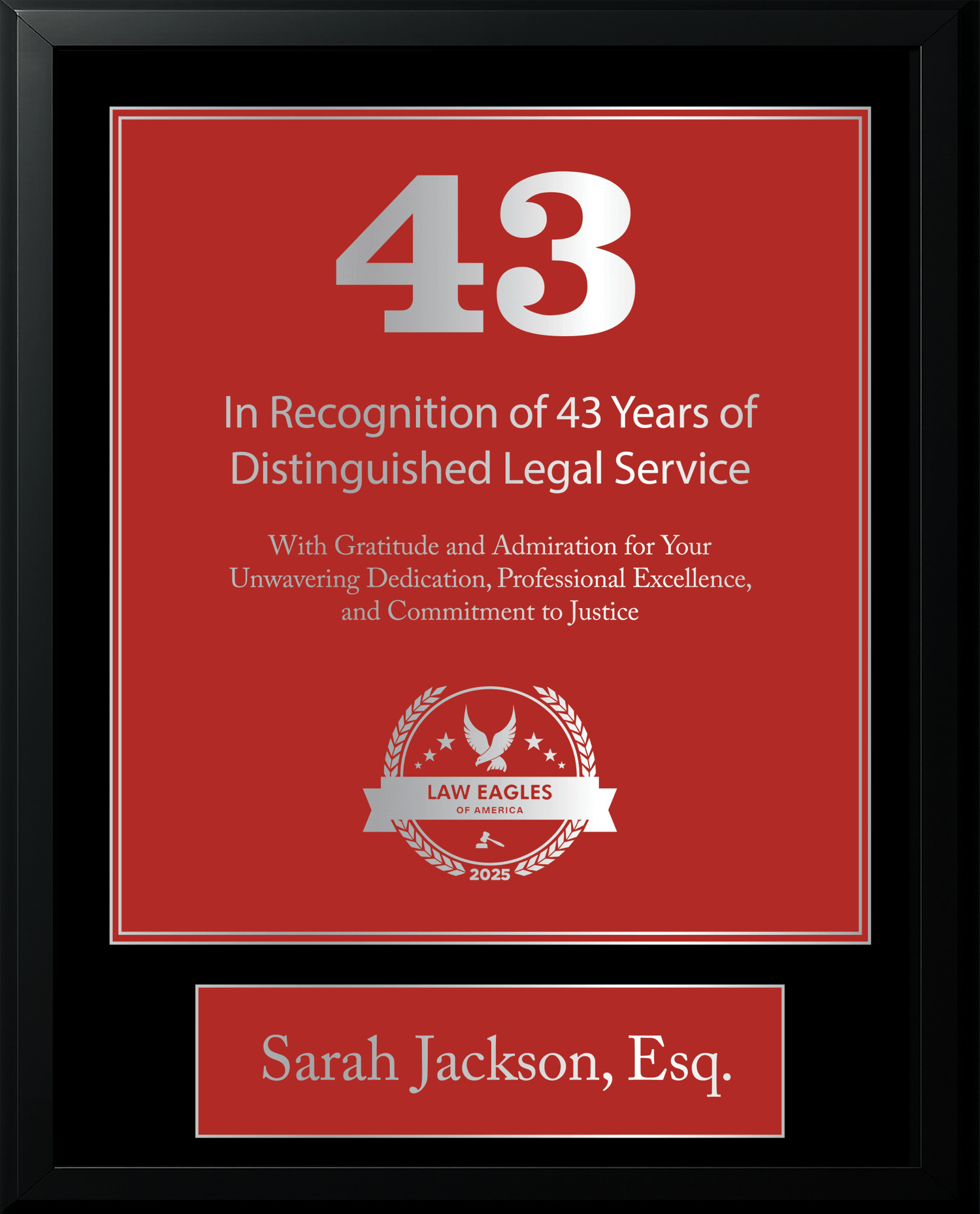 Silver Black Wood Custom Anniversary Recognition Plaque - Law Eagles of America