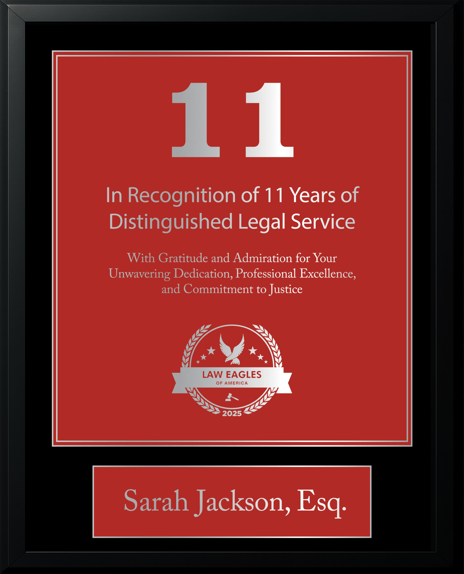 Silver Black Wood Custom Anniversary Recognition Plaque - Law Eagles of America