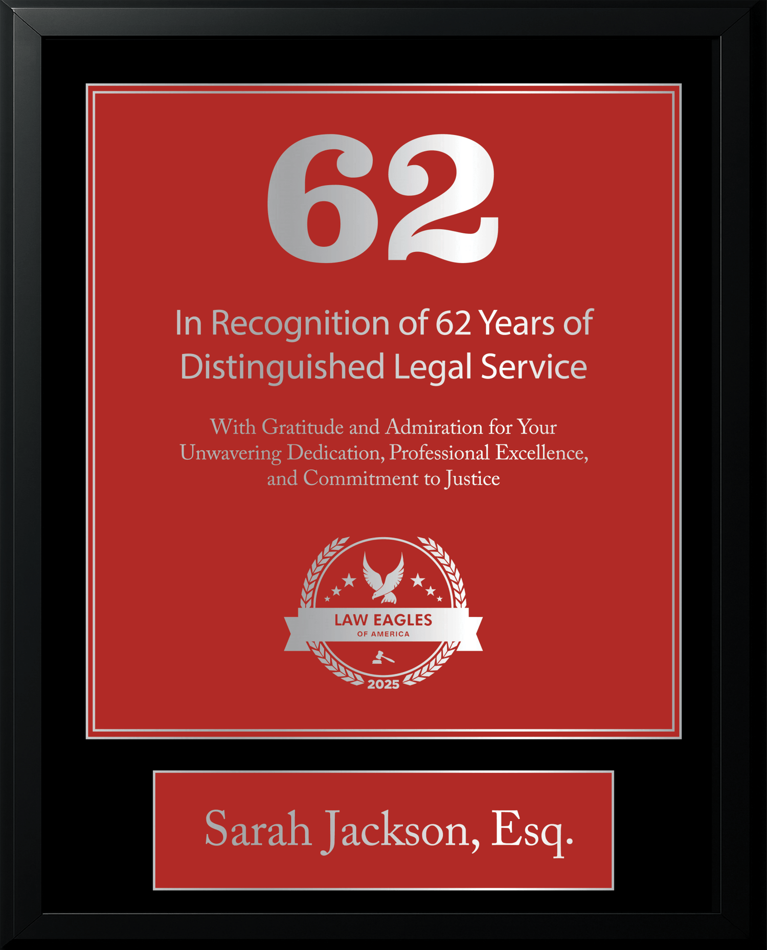 Silver Black Wood Custom Anniversary Recognition Plaque - Law Eagles of America