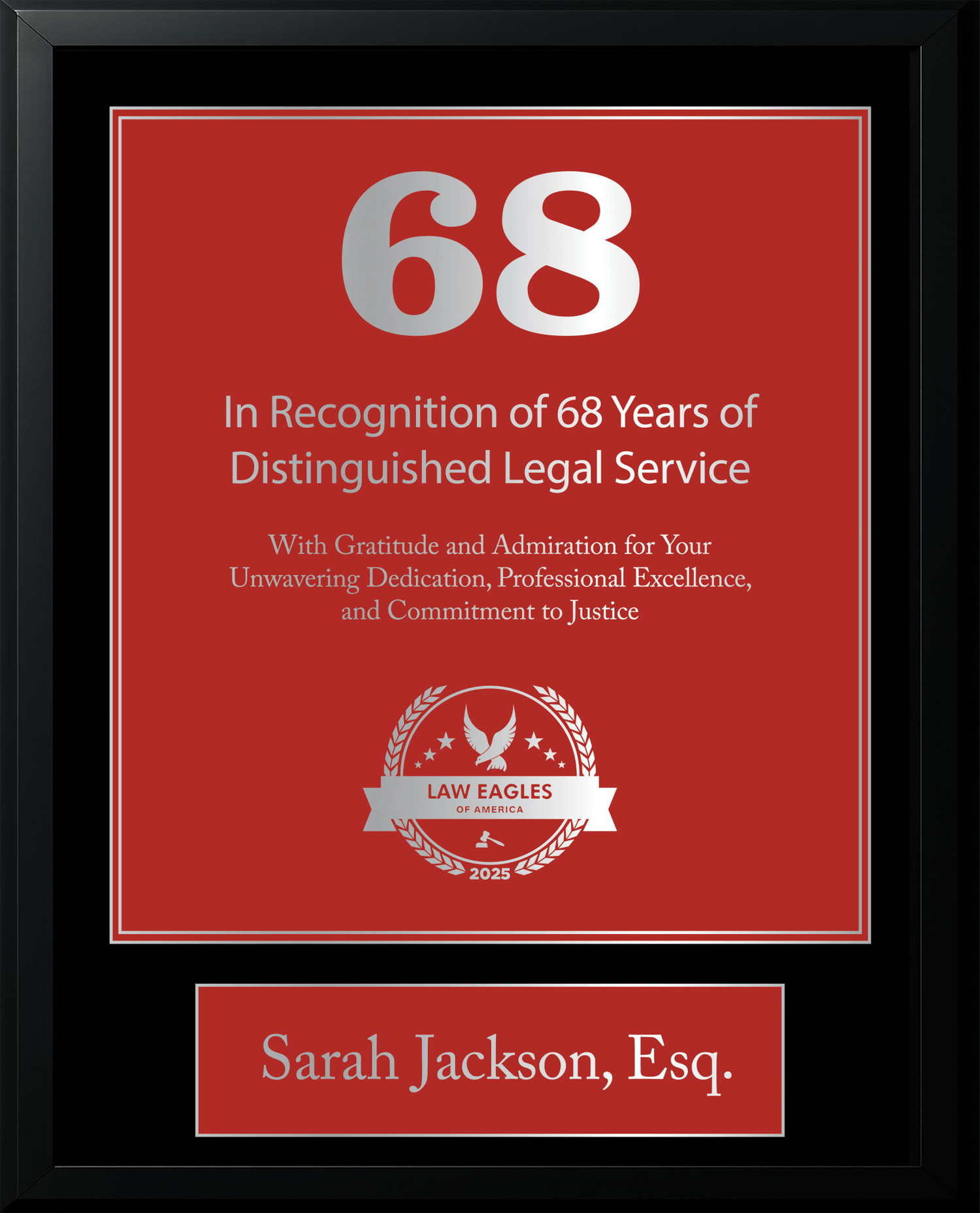 Silver Black Wood Custom Anniversary Recognition Plaque - Law Eagles of America