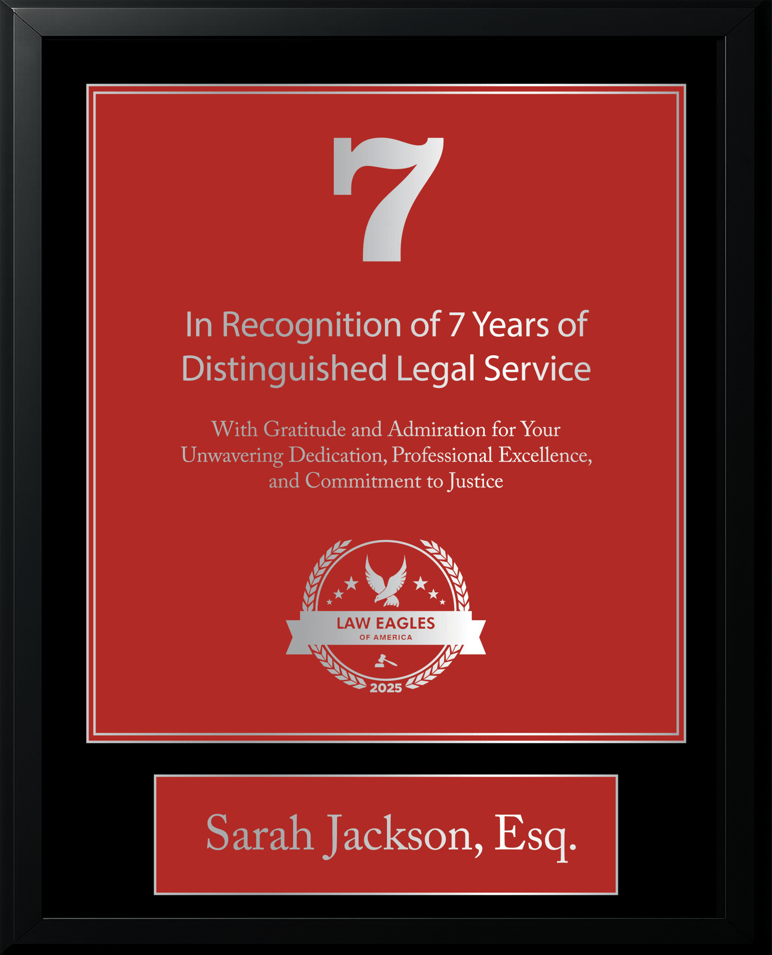 Silver Black Wood Custom Anniversary Recognition Plaque - Law Eagles of America