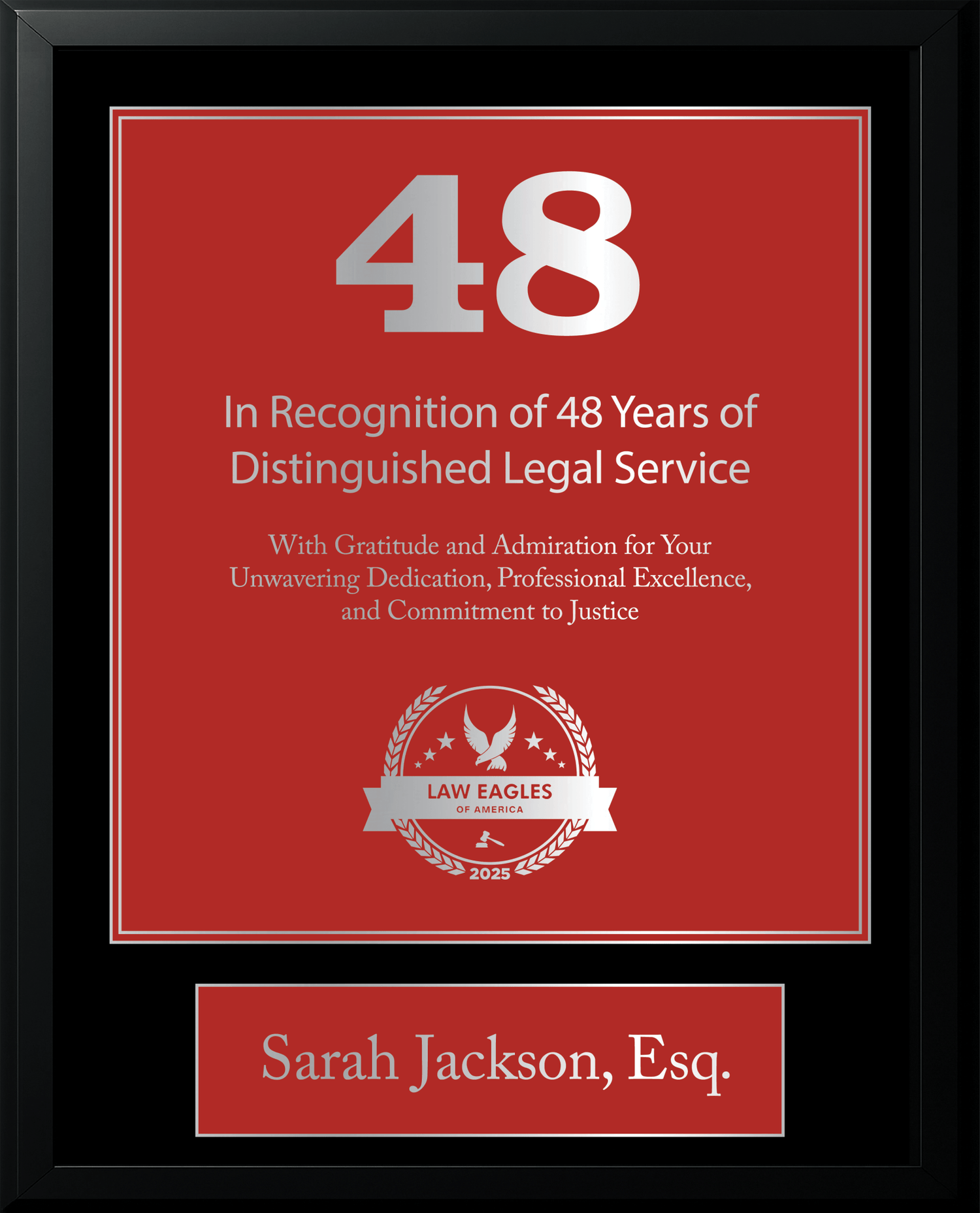 Silver Black Wood Custom Anniversary Recognition Plaque - Law Eagles of America