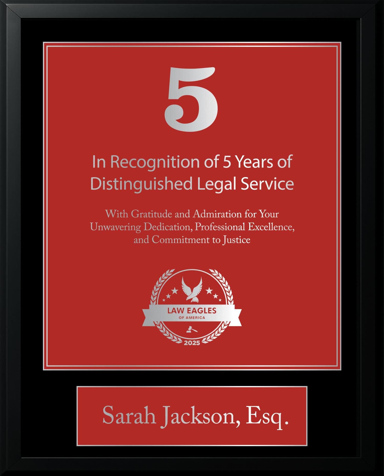 Silver Black Wood Custom Anniversary Recognition Plaque - Law Eagles of America