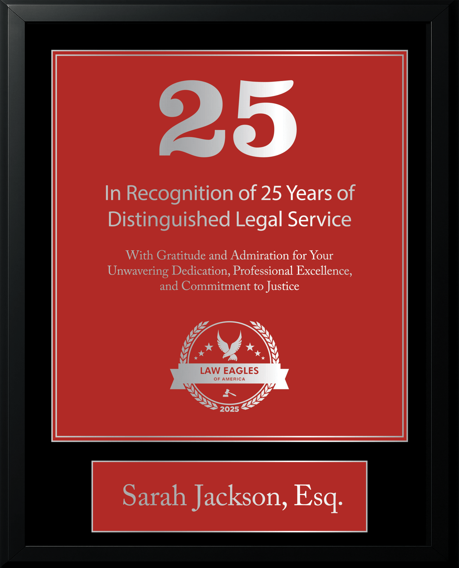 Silver Black Wood Custom Anniversary Recognition Plaque - Law Eagles of America