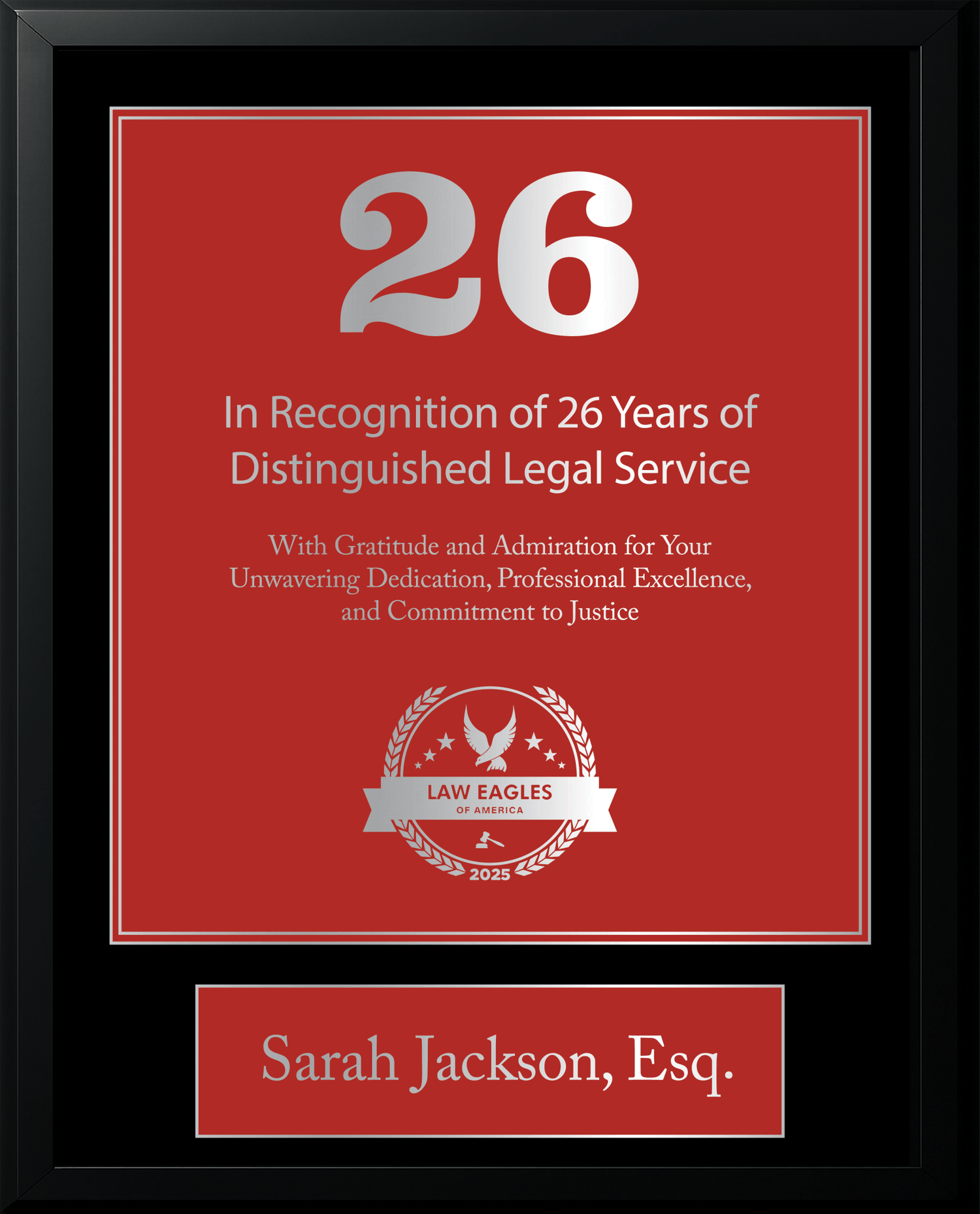 Silver Black Wood Custom Anniversary Recognition Plaque - Law Eagles of America