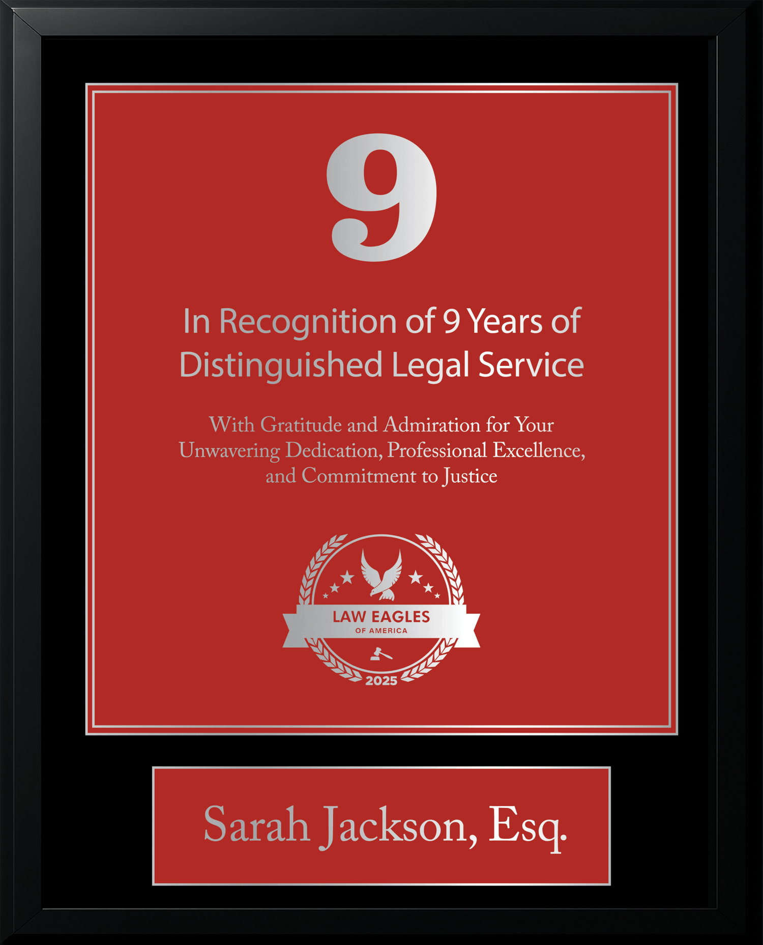 Silver Black Wood Custom Anniversary Recognition Plaque - Law Eagles of America