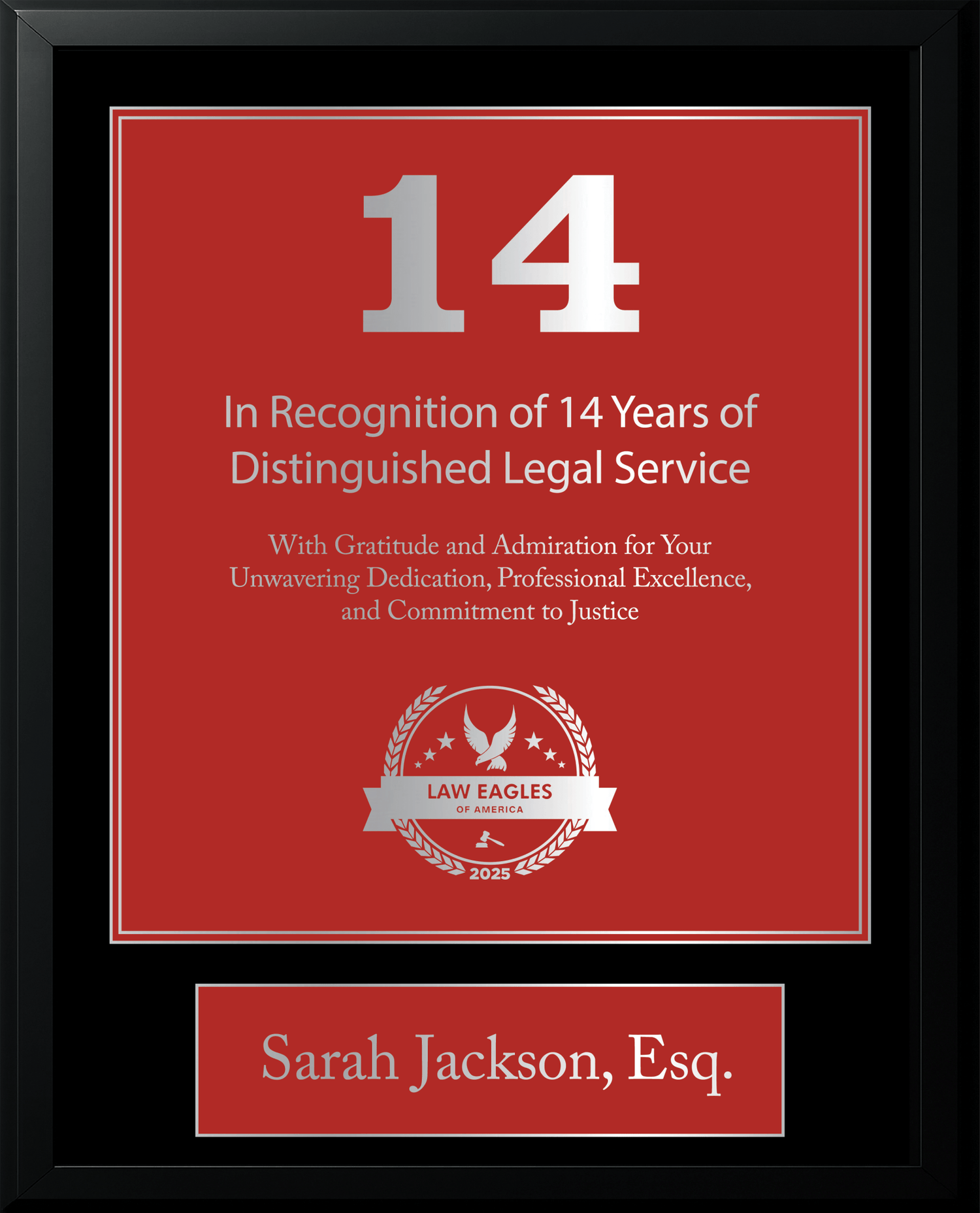 Silver Black Wood Custom Anniversary Recognition Plaque - Law Eagles of America