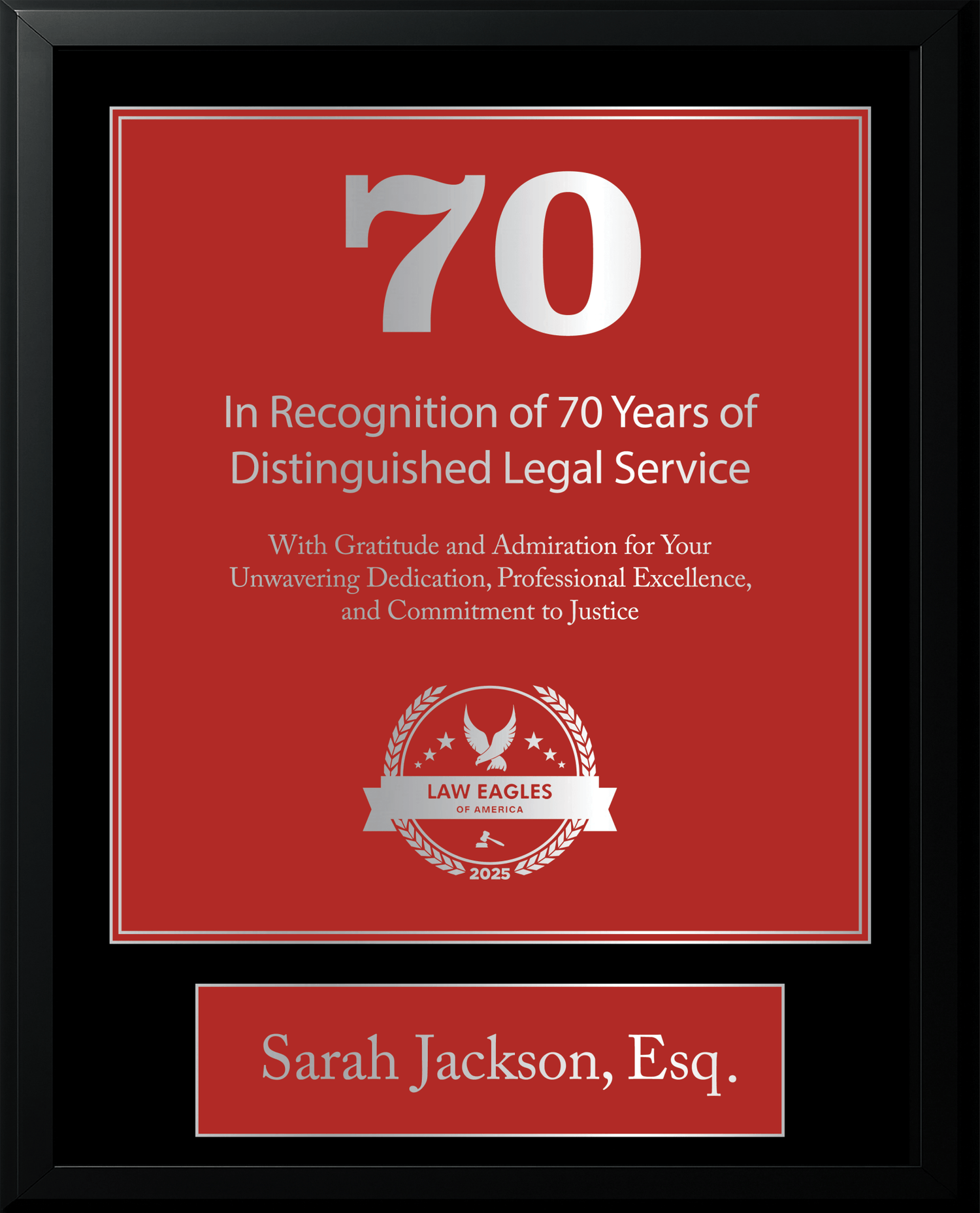 Silver Black Wood Custom Anniversary Recognition Plaque - Law Eagles of America