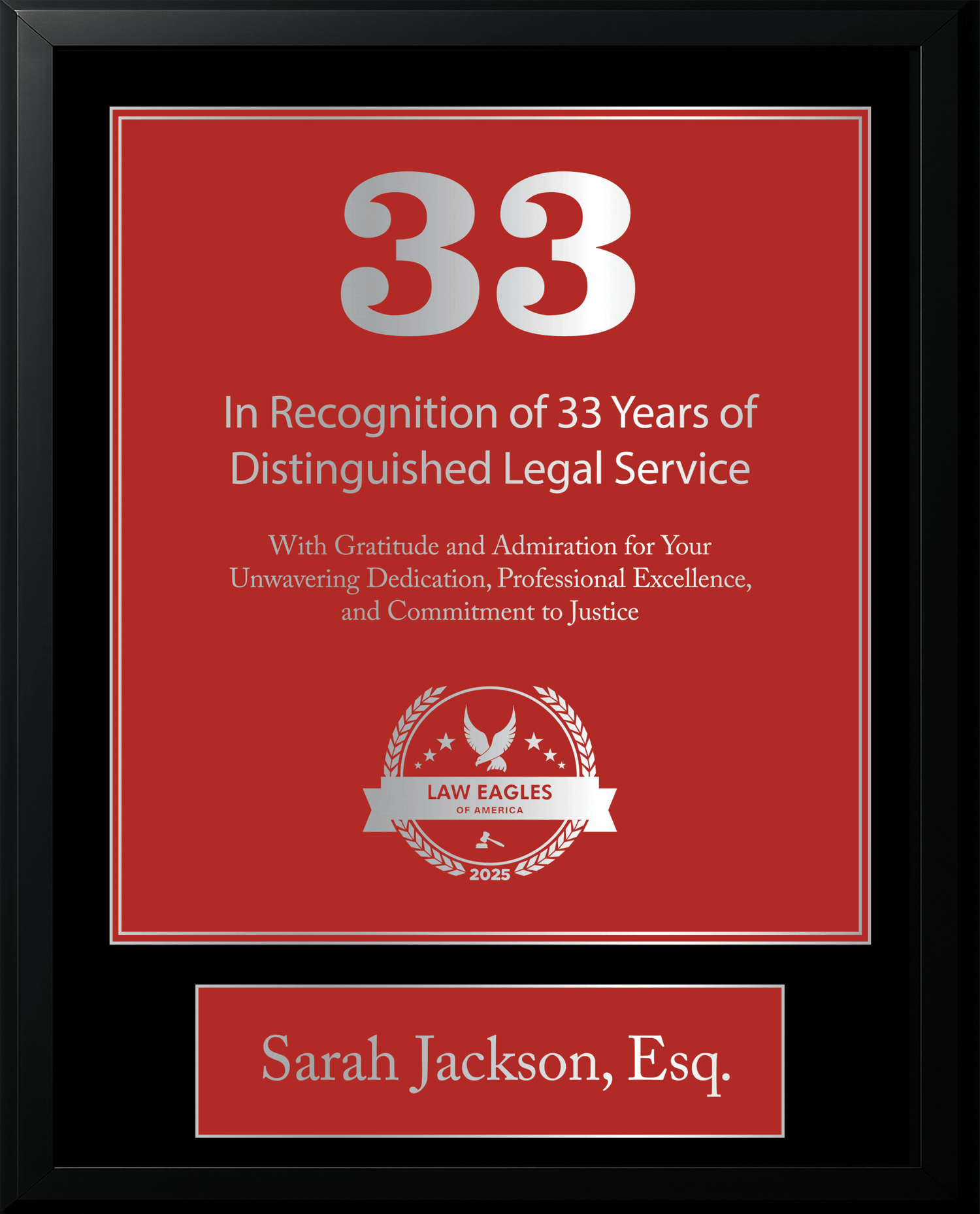 Silver Black Wood Custom Anniversary Recognition Plaque - Law Eagles of America