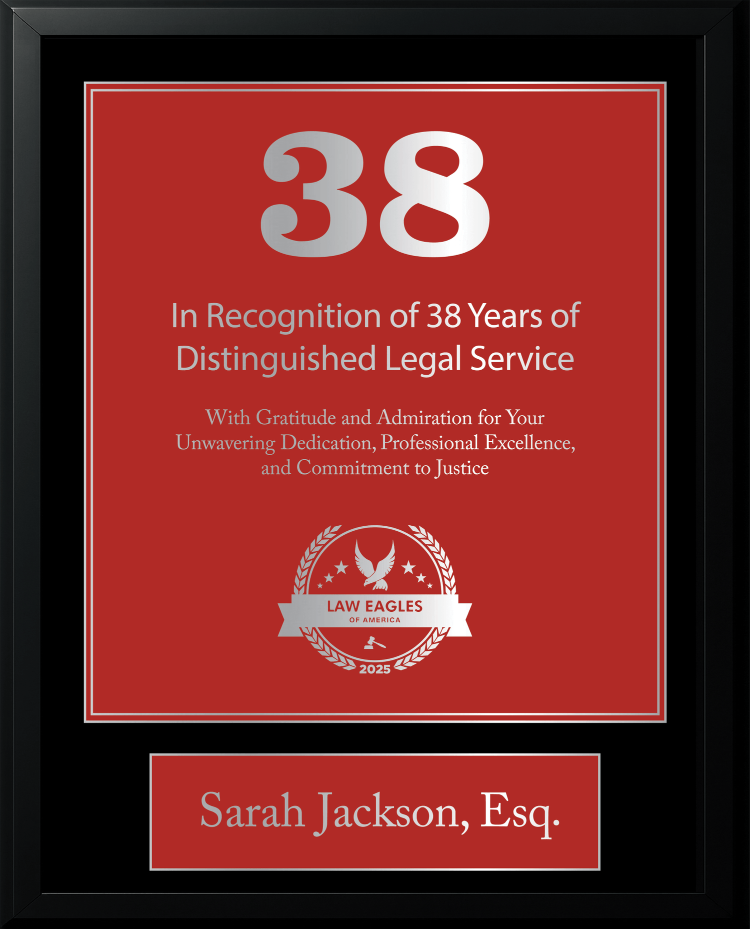 Silver Black Wood Custom Anniversary Recognition Plaque - Law Eagles of America