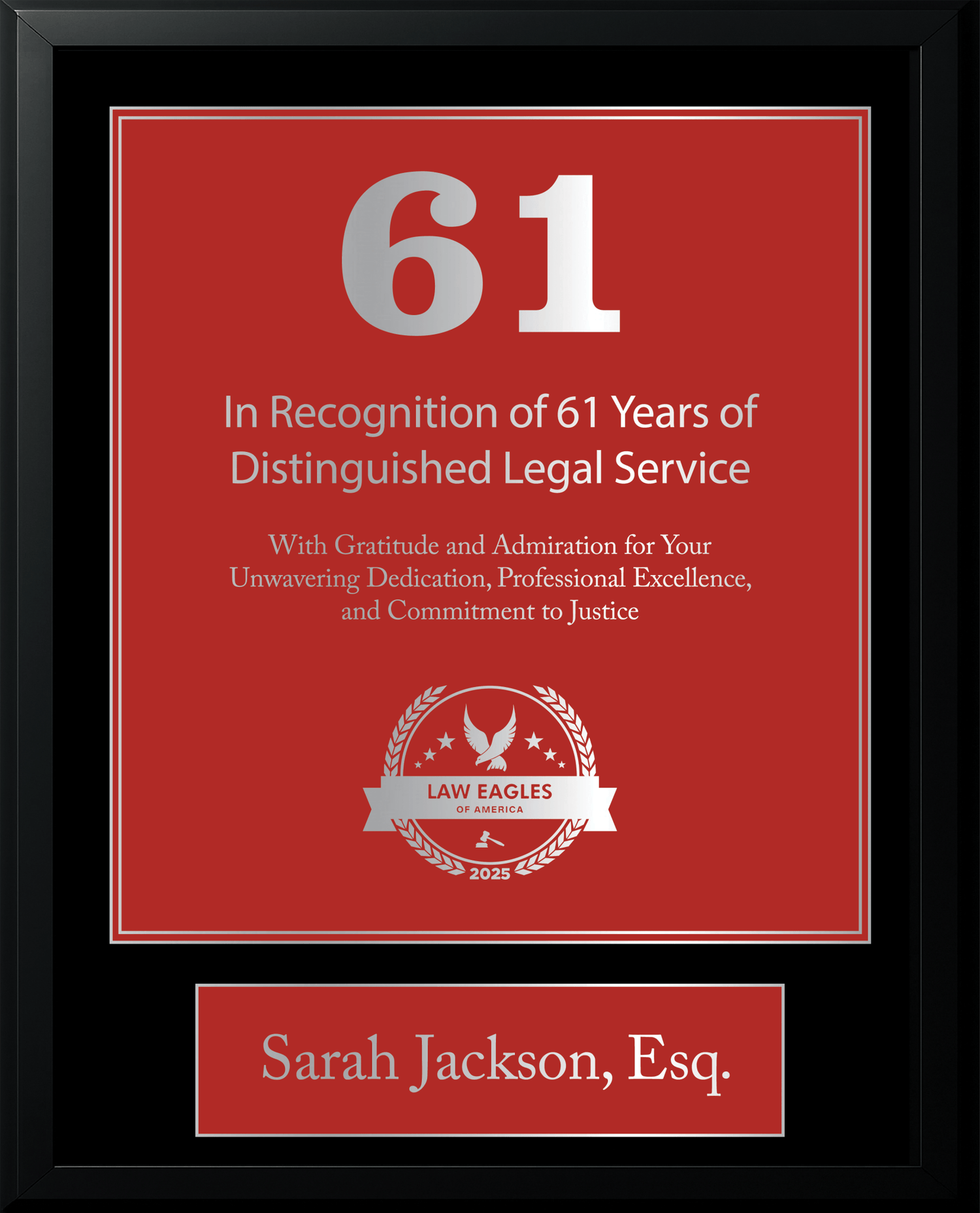 Silver Black Wood Custom Anniversary Recognition Plaque - Law Eagles of America