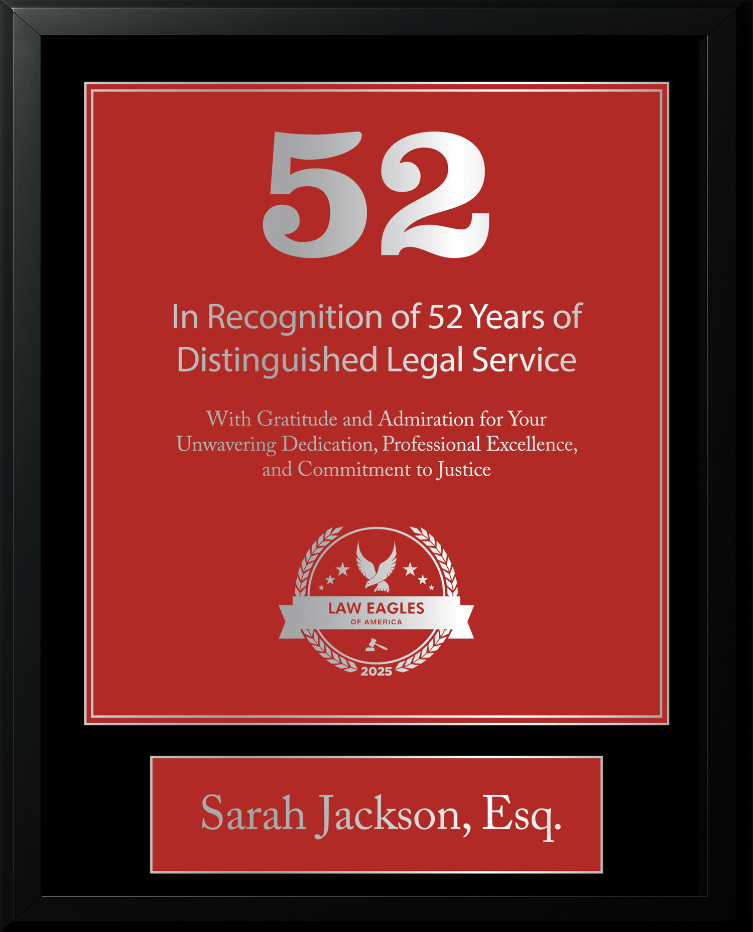 Silver Black Wood Custom Anniversary Recognition Plaque - Law Eagles of America