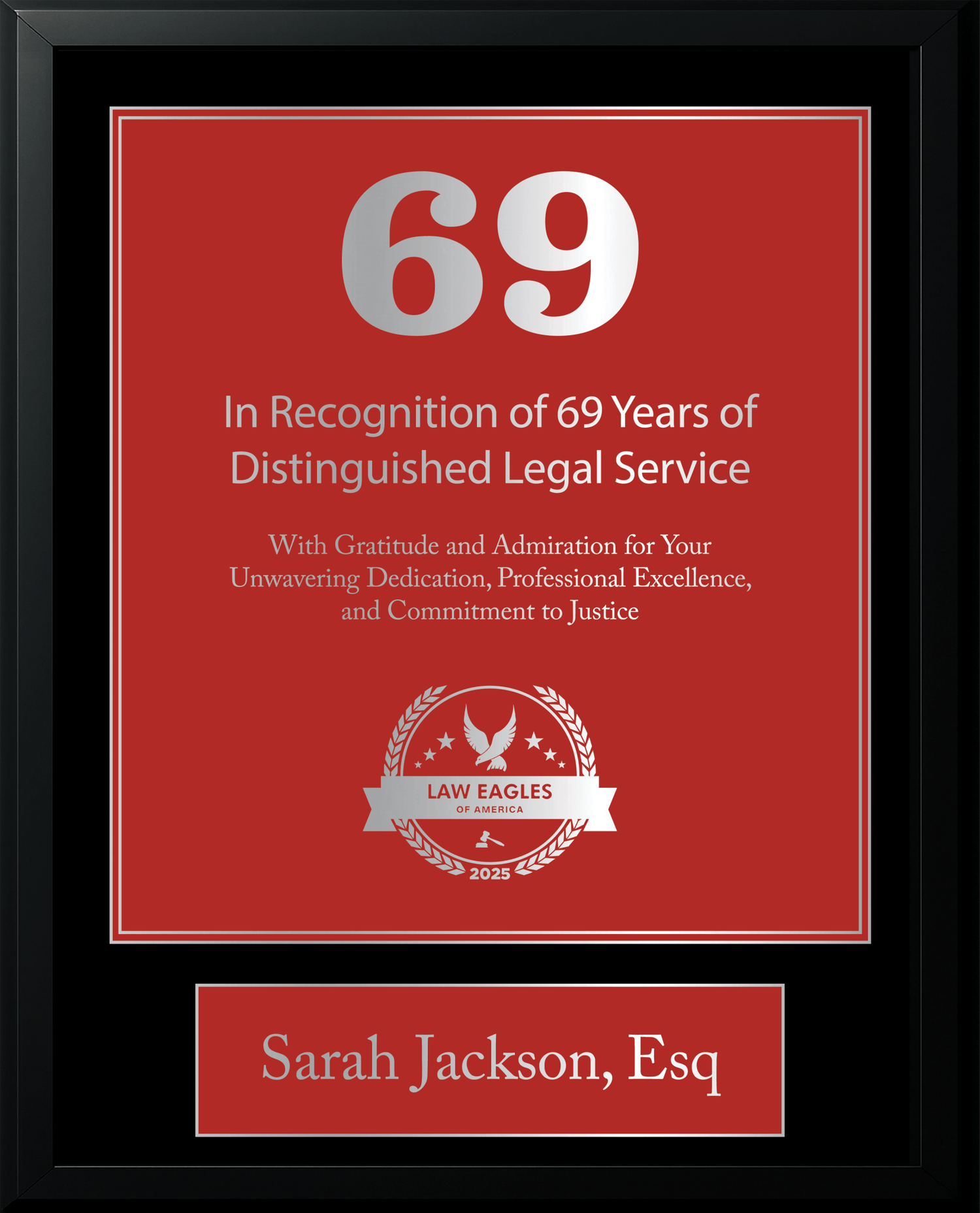 Silver Black Wood Custom Anniversary Recognition Plaque - Law Eagles of America