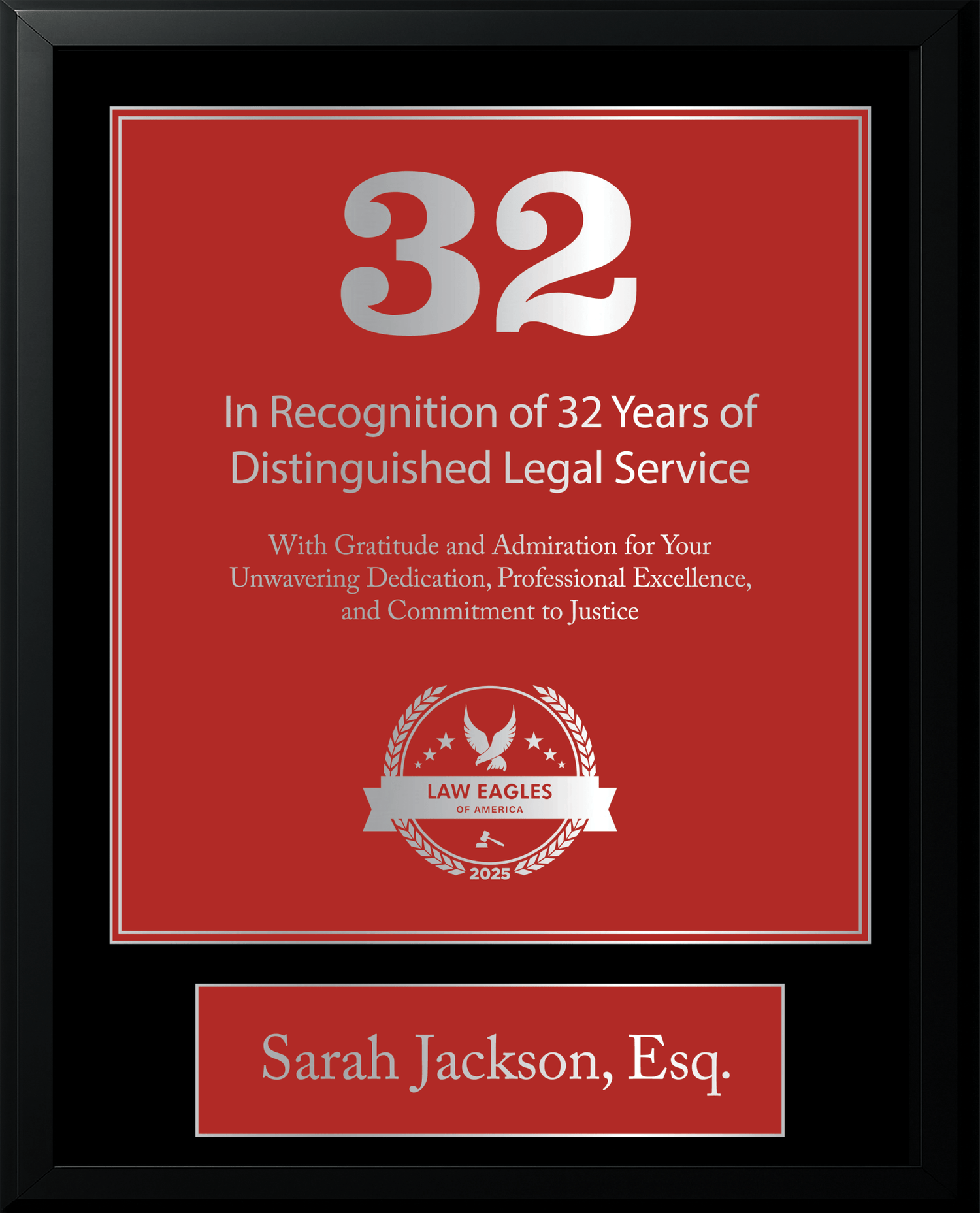 Silver Black Wood Custom Anniversary Recognition Plaque - Law Eagles of America