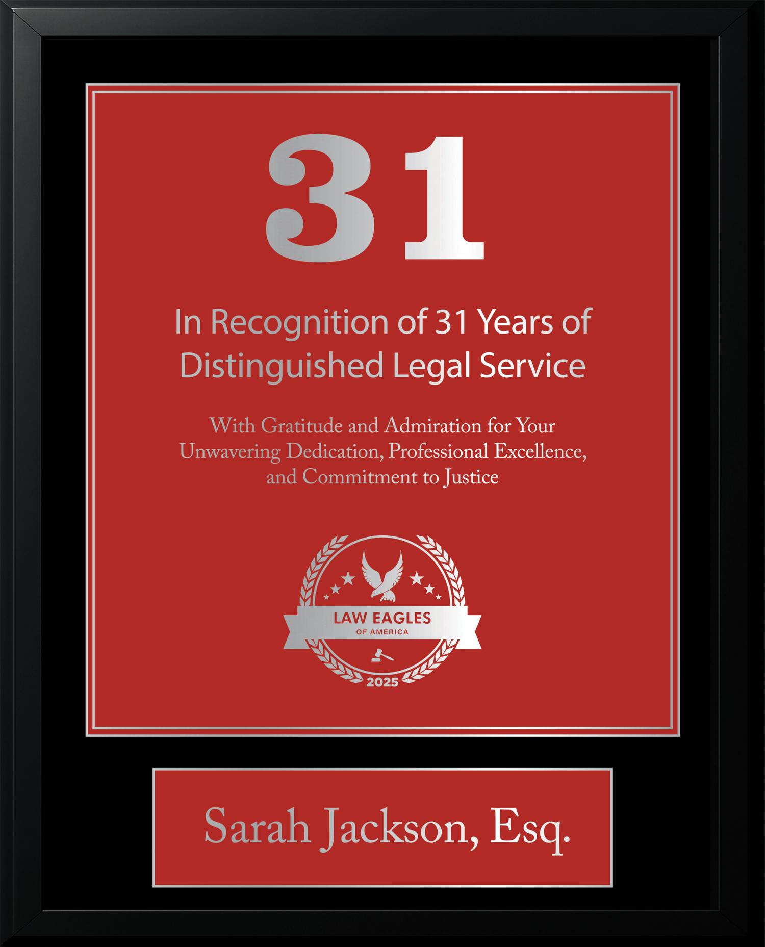 Silver Black Wood Custom Anniversary Recognition Plaque - Law Eagles of America