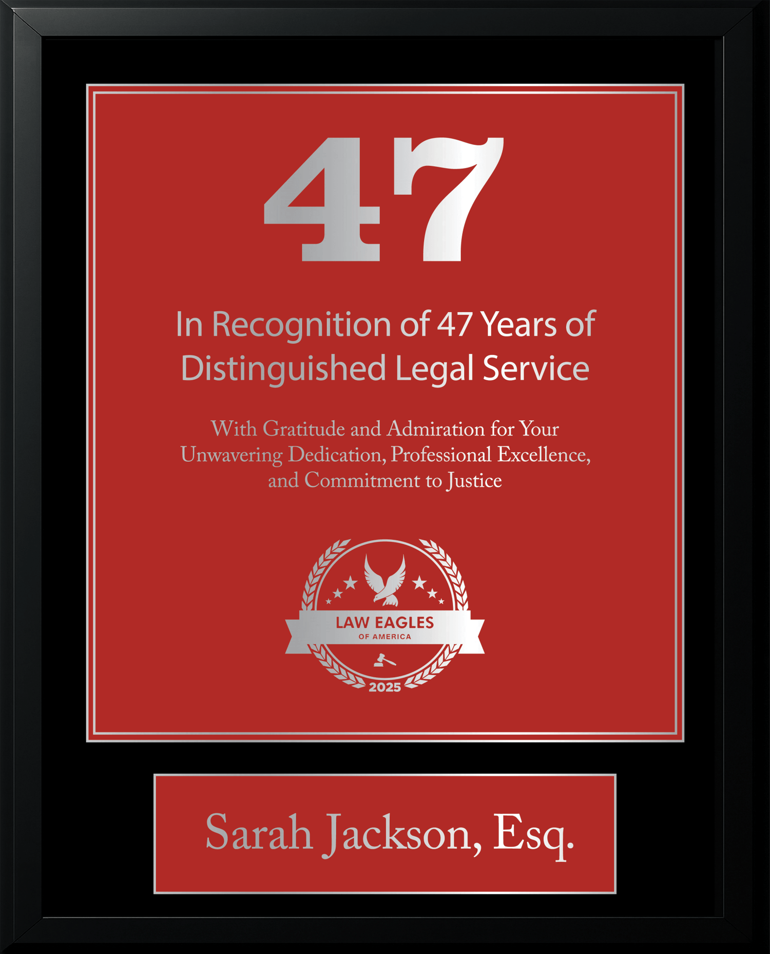 Silver Black Wood Custom Anniversary Recognition Plaque - Law Eagles of America