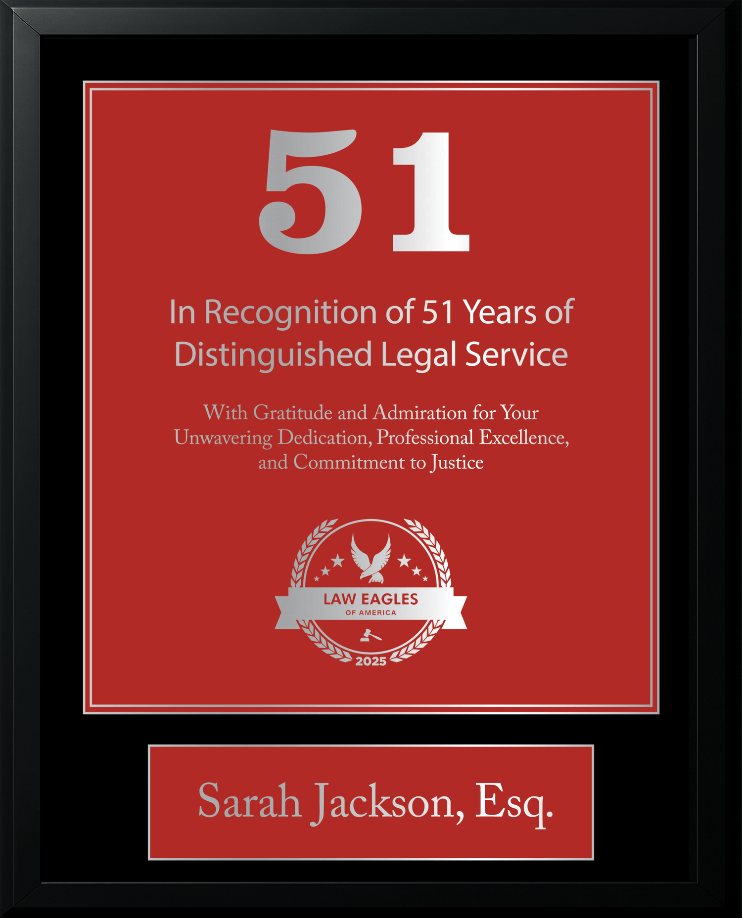 Silver Black Wood Custom Anniversary Recognition Plaque - Law Eagles of America