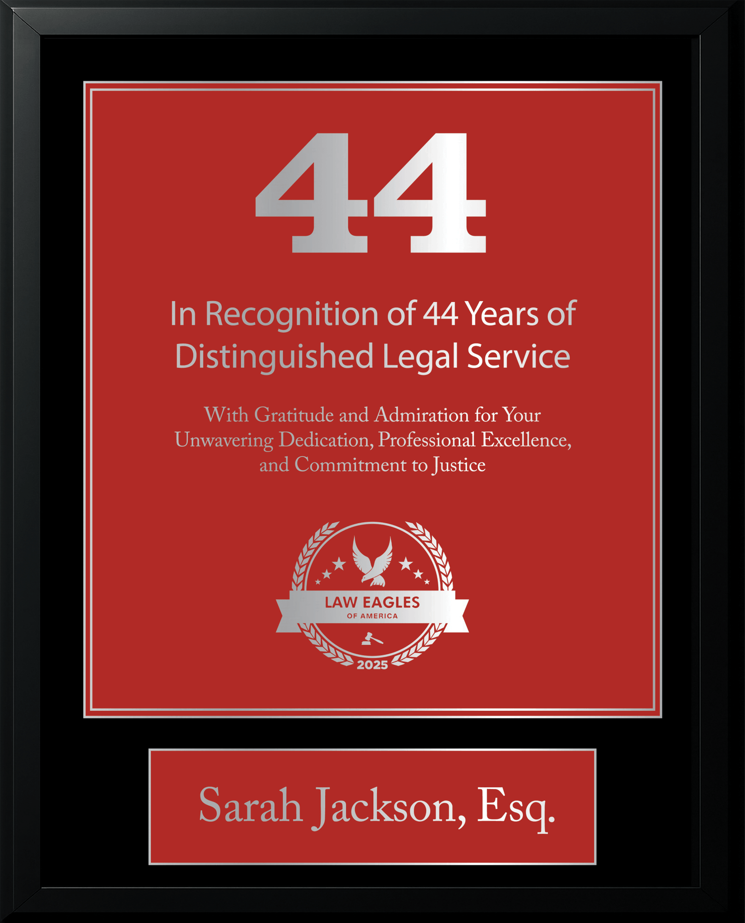 Silver Black Wood Custom Anniversary Recognition Plaque - Law Eagles of America