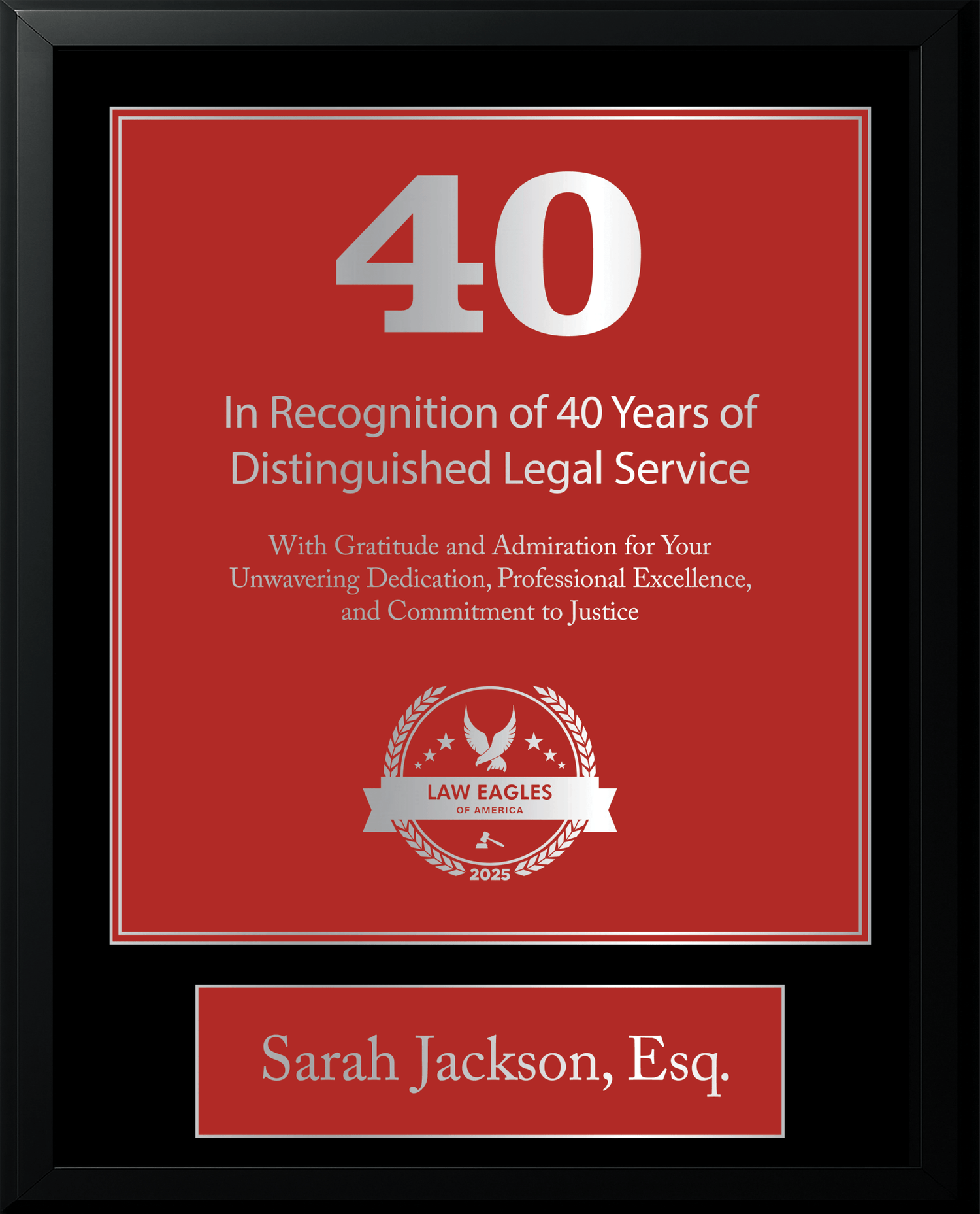 Silver Black Wood Custom Anniversary Recognition Plaque - Law Eagles of America