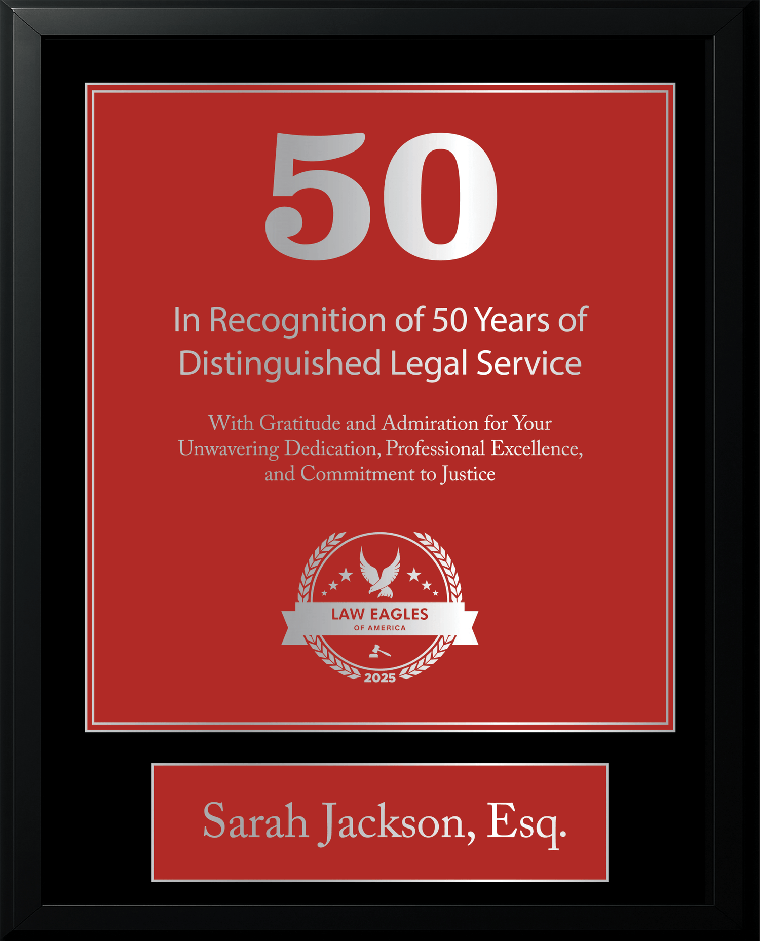 Silver Black Wood Custom Anniversary Recognition Plaque - Law Eagles of America