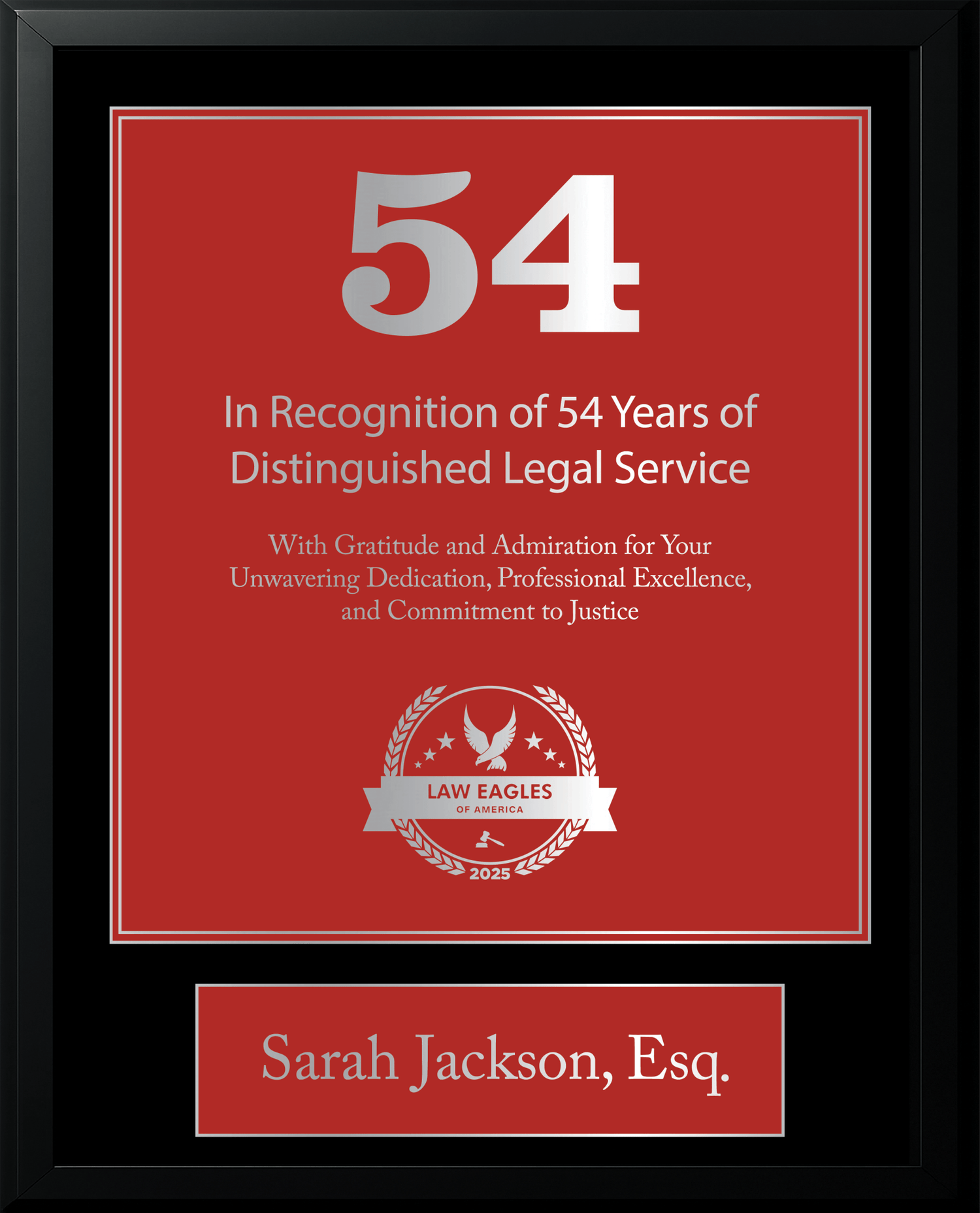 Silver Black Wood Custom Anniversary Recognition Plaque - Law Eagles of America