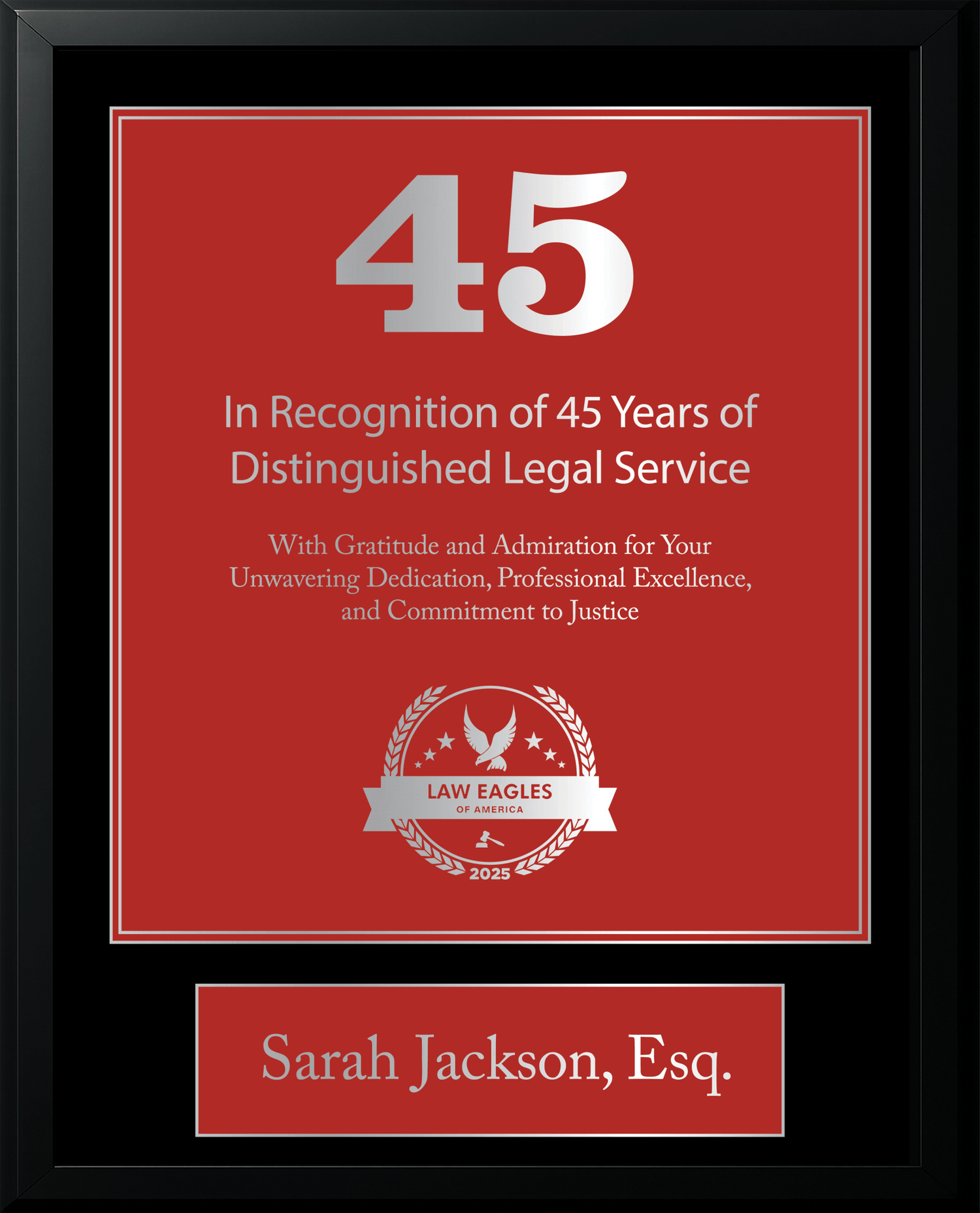 Silver Black Wood Custom Anniversary Recognition Plaque - Law Eagles of America