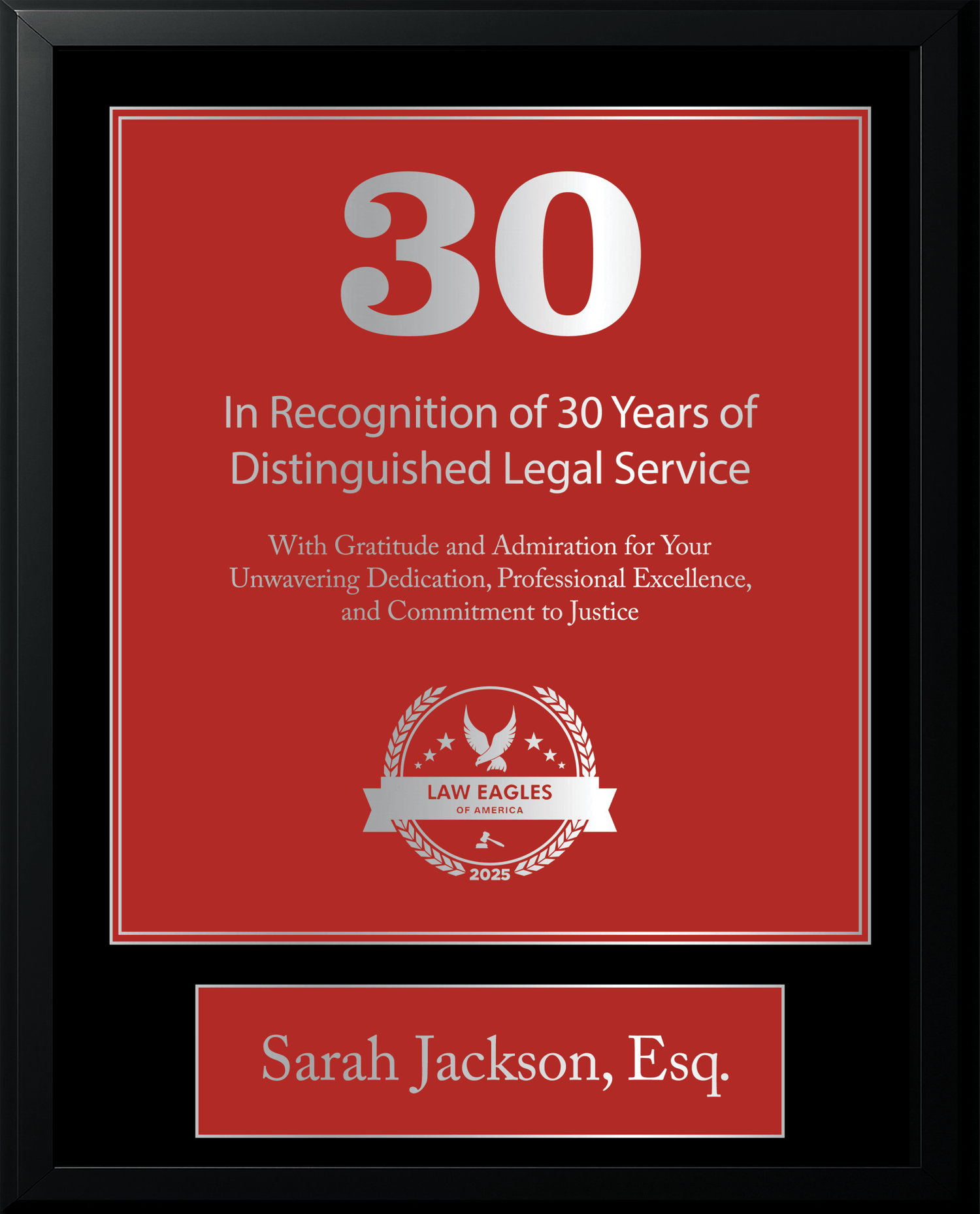 Silver Black Wood Custom Anniversary Recognition Plaque - Law Eagles of America