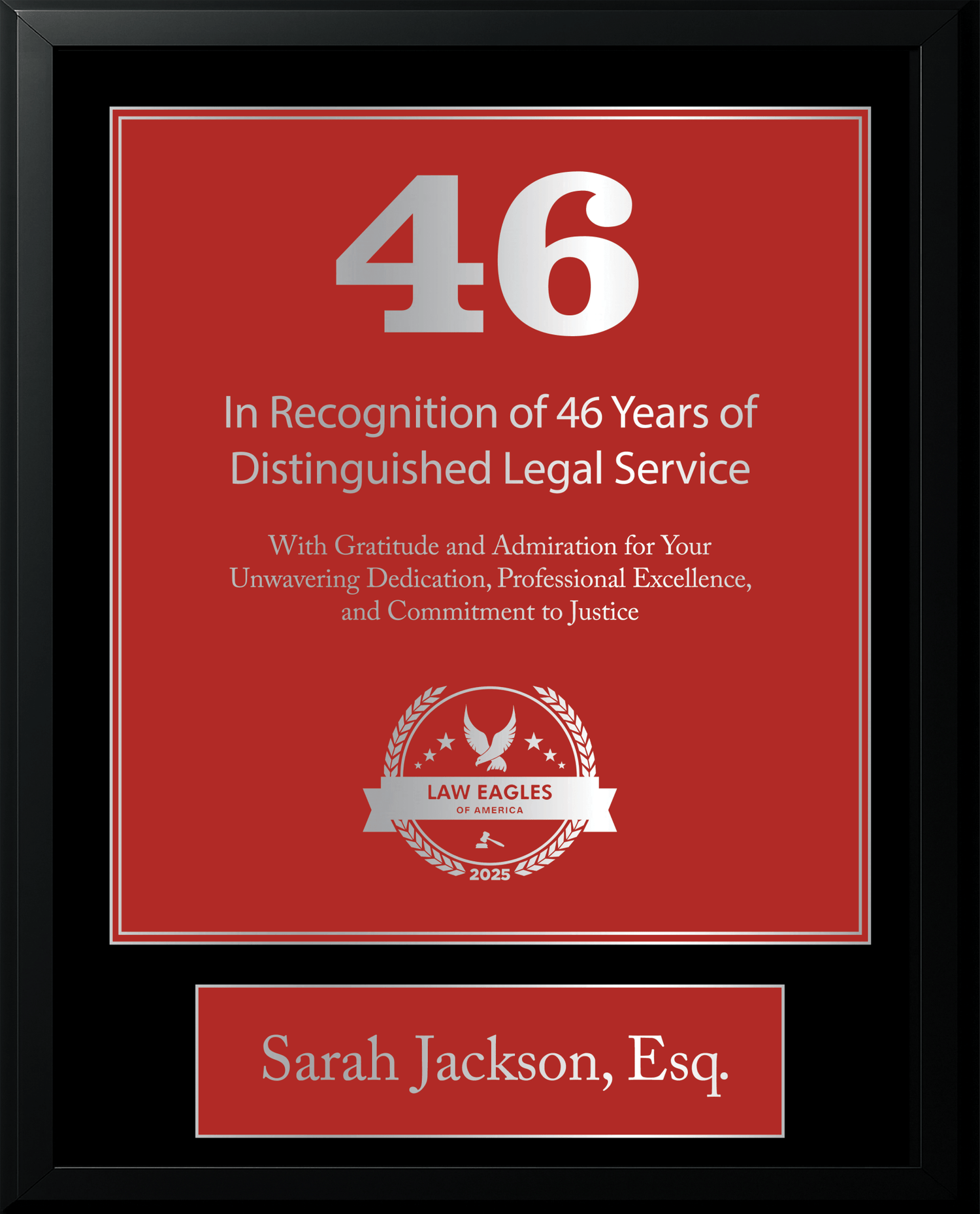 Silver Black Wood Custom Anniversary Recognition Plaque - Law Eagles of America