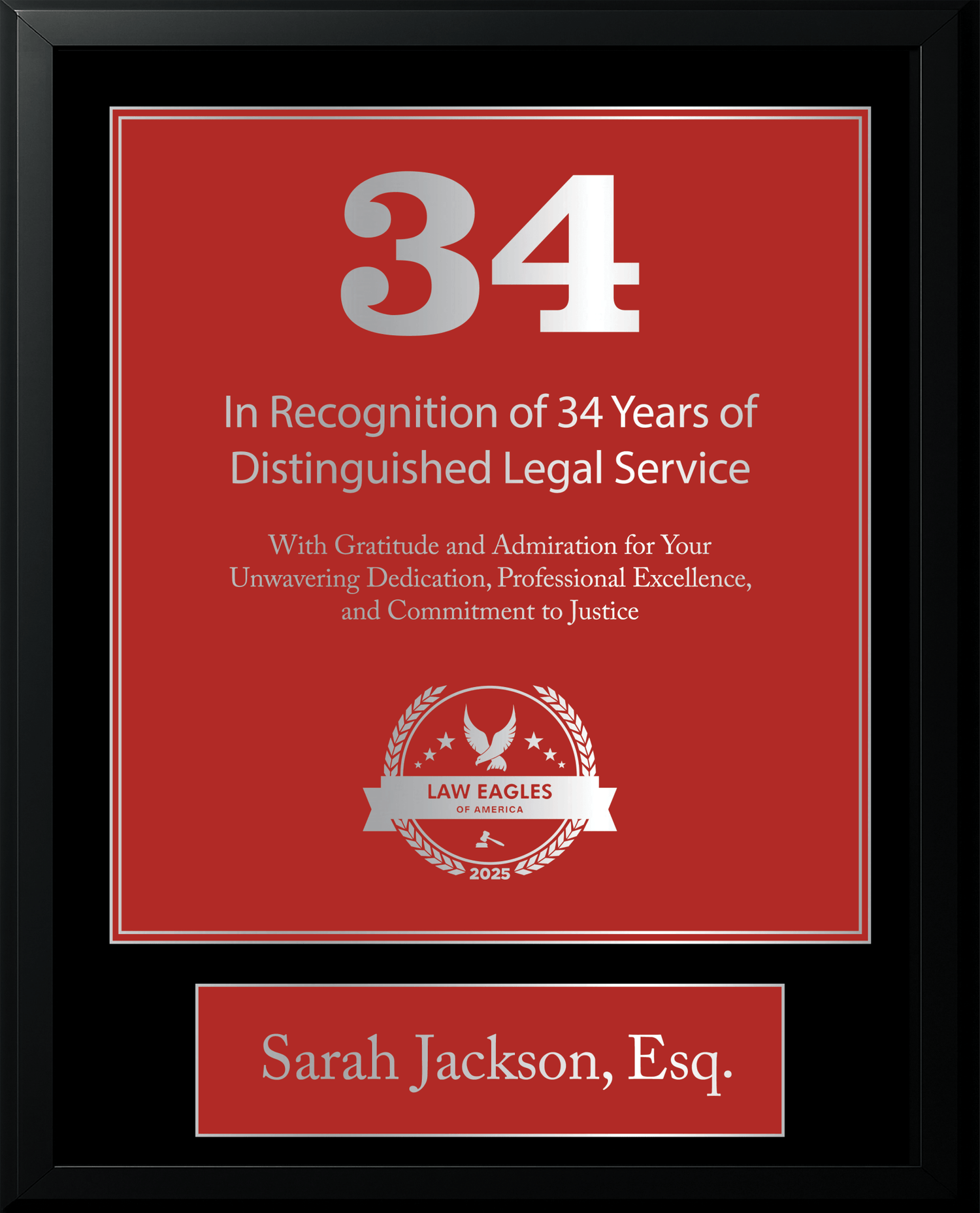 Silver Black Wood Custom Anniversary Recognition Plaque - Law Eagles of America