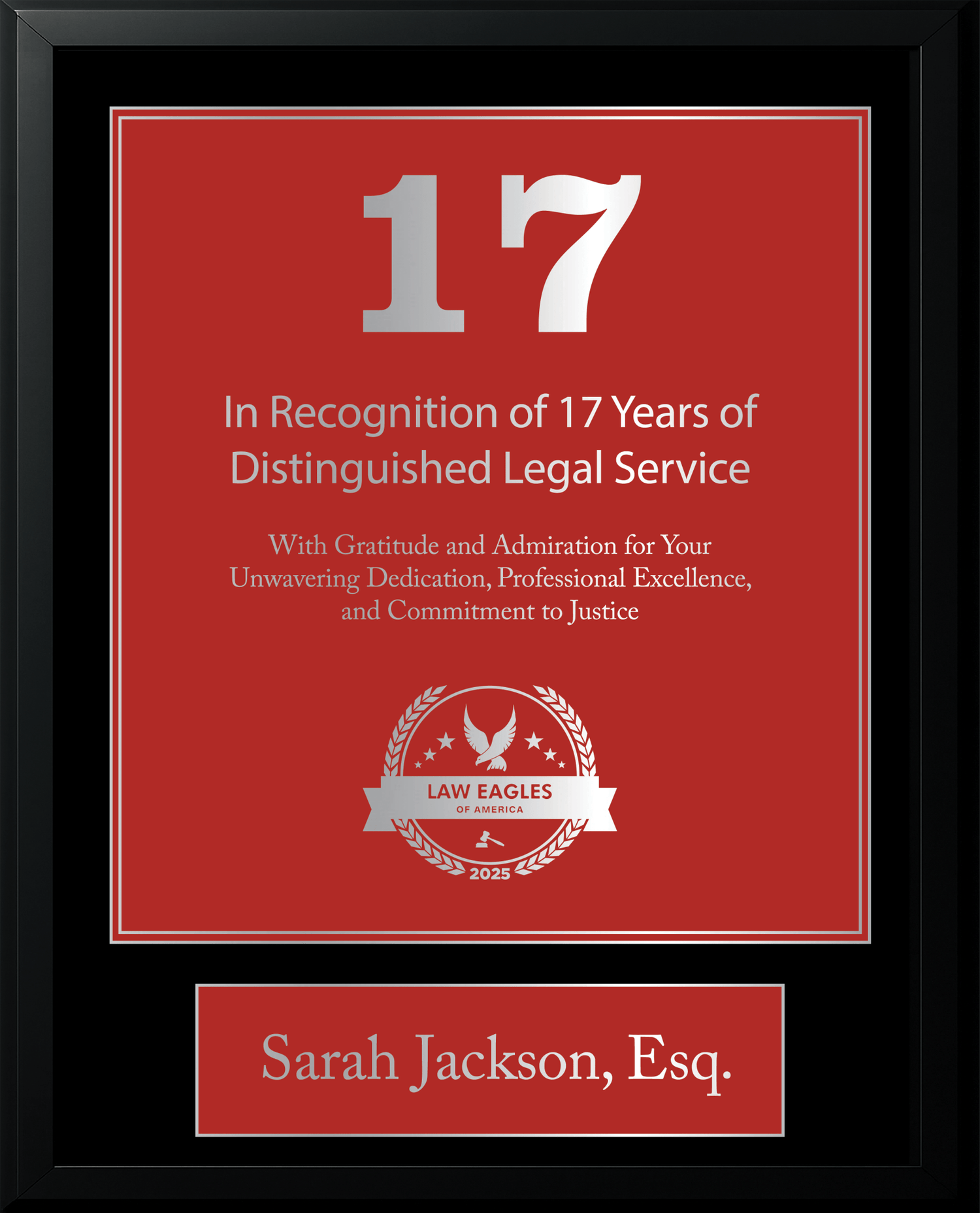 Silver Black Wood Custom Anniversary Recognition Plaque - Law Eagles of America