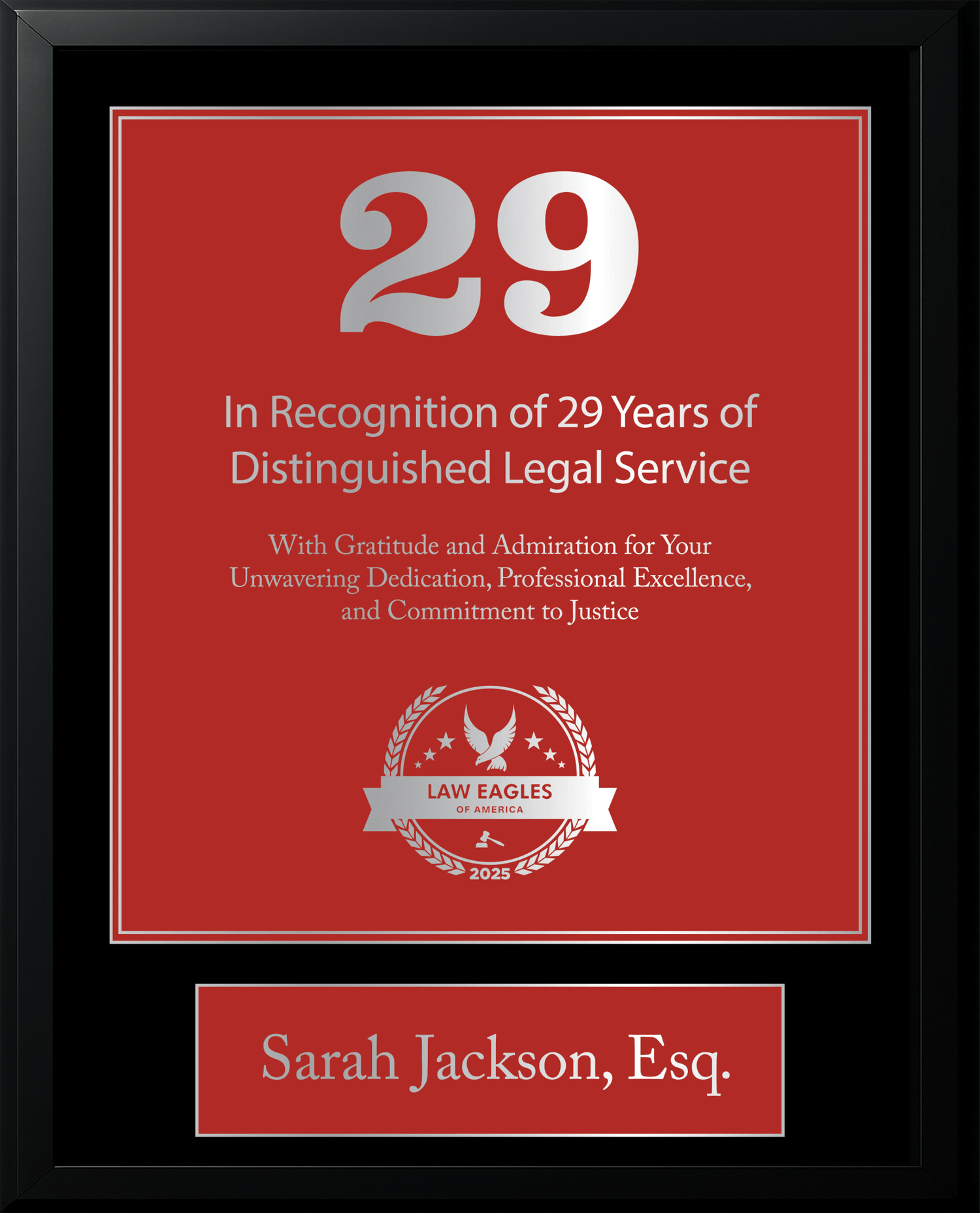 Silver Black Wood Custom Anniversary Recognition Plaque - Law Eagles of America