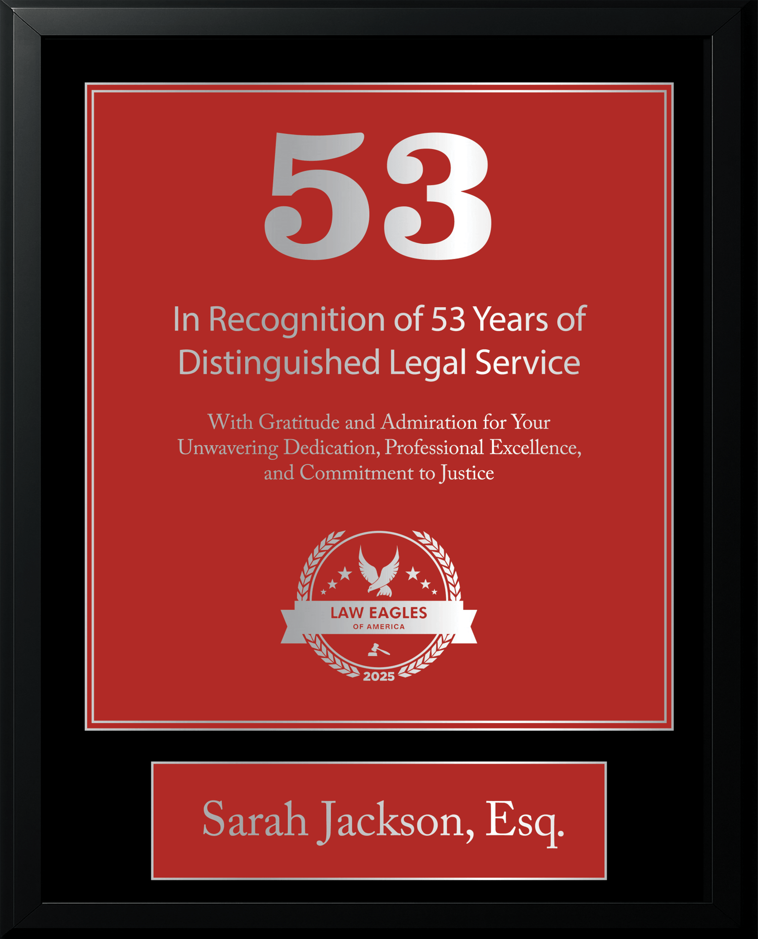 Silver Black Wood Custom Anniversary Recognition Plaque - Law Eagles of America