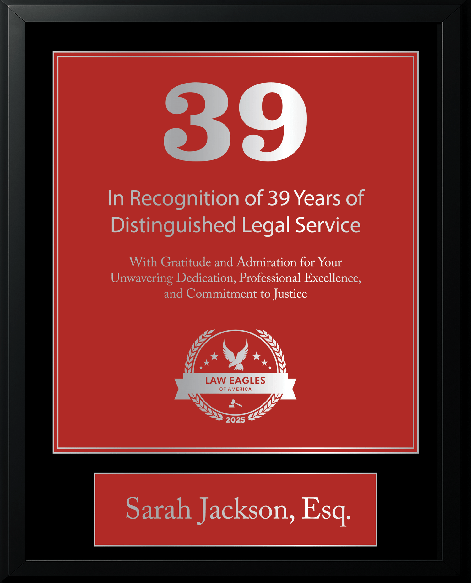 Silver Black Wood Custom Anniversary Recognition Plaque - Law Eagles of America