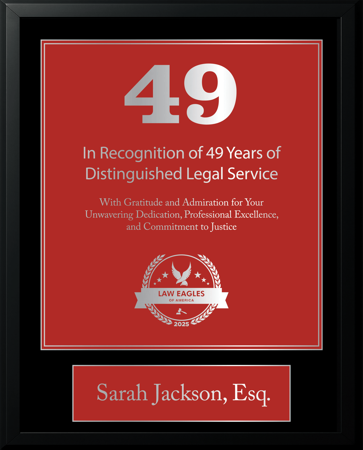 Silver Black Wood Custom Anniversary Recognition Plaque - Law Eagles of America