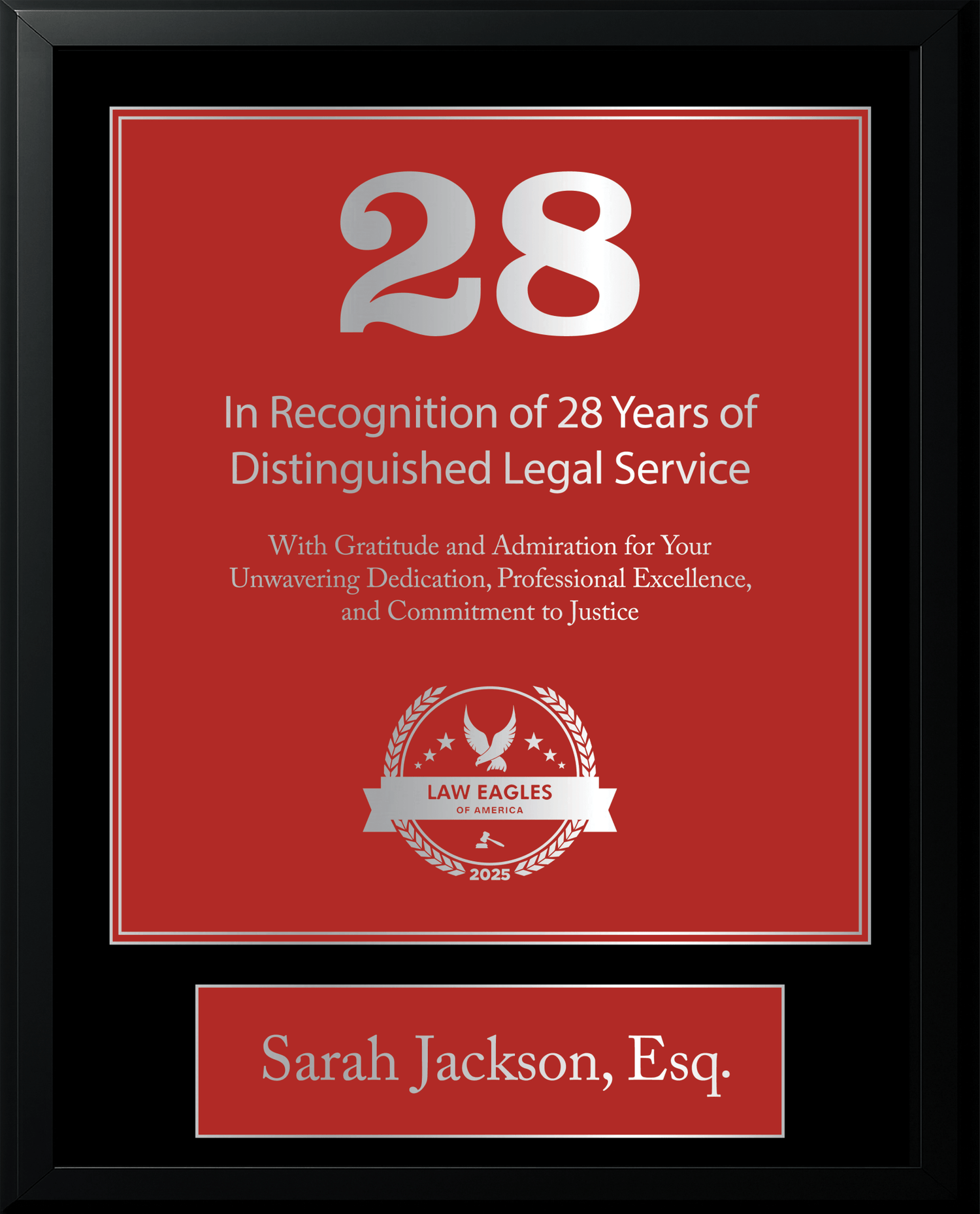 Silver Black Wood Custom Anniversary Recognition Plaque - Law Eagles of America