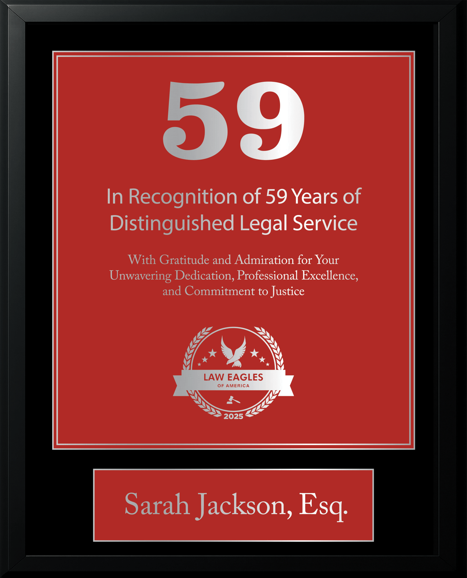 Silver Black Wood Custom Anniversary Recognition Plaque - Law Eagles of America