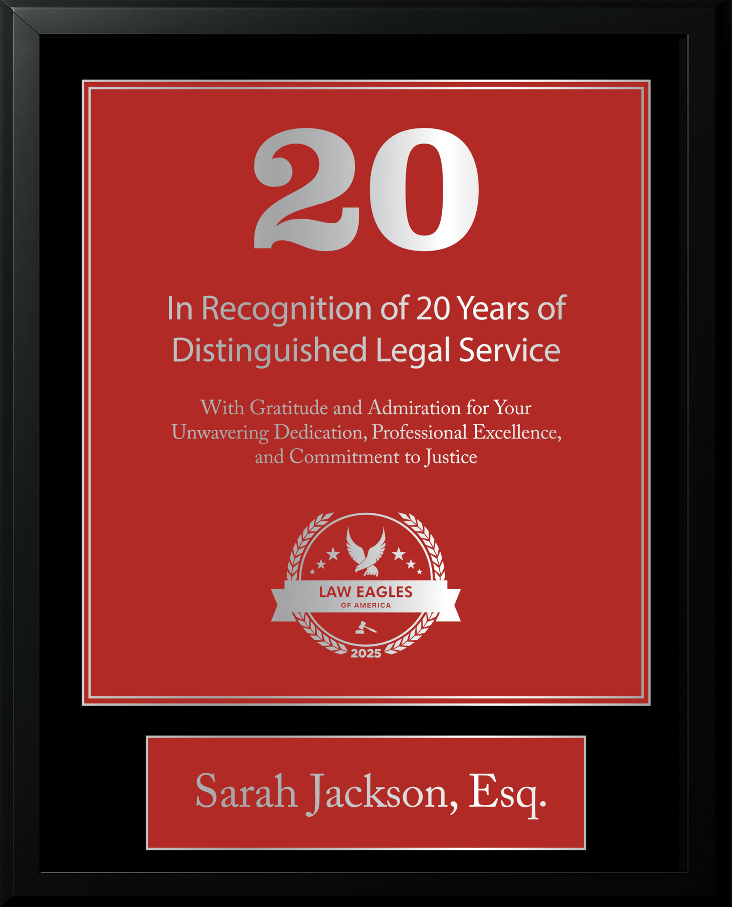 Silver Black Wood Custom Anniversary Recognition Plaque - Law Eagles of America