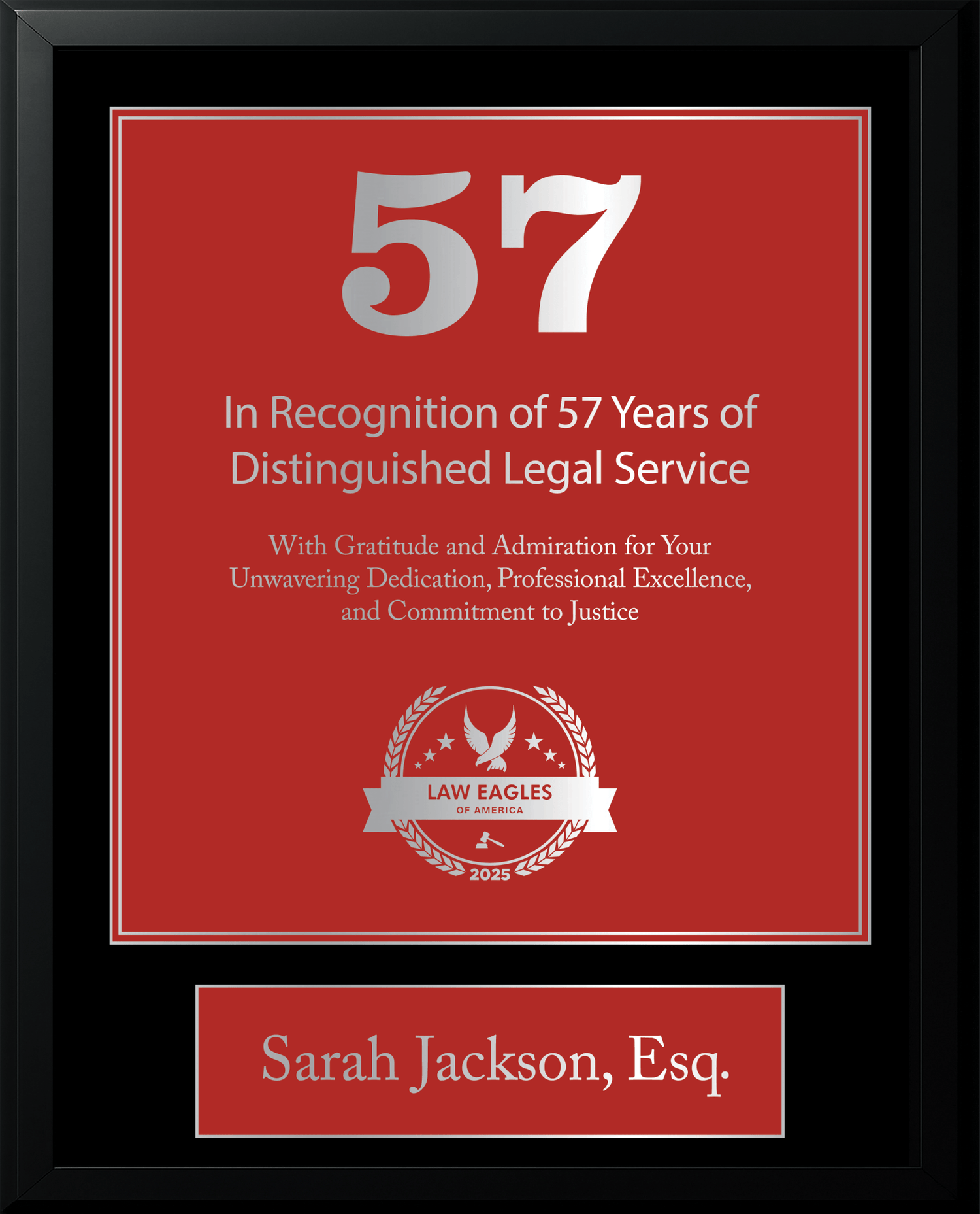 Silver Black Wood Custom Anniversary Recognition Plaque - Law Eagles of America