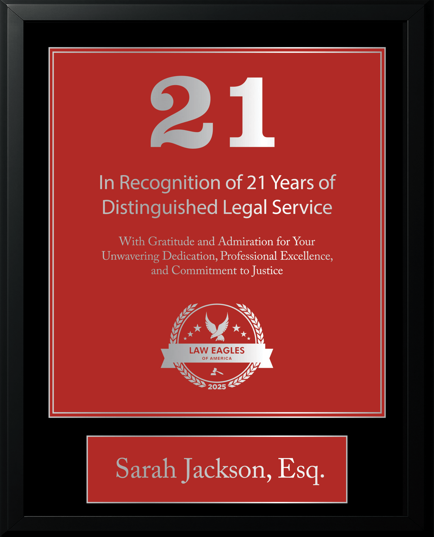 Silver Black Wood Custom Anniversary Recognition Plaque - Law Eagles of America