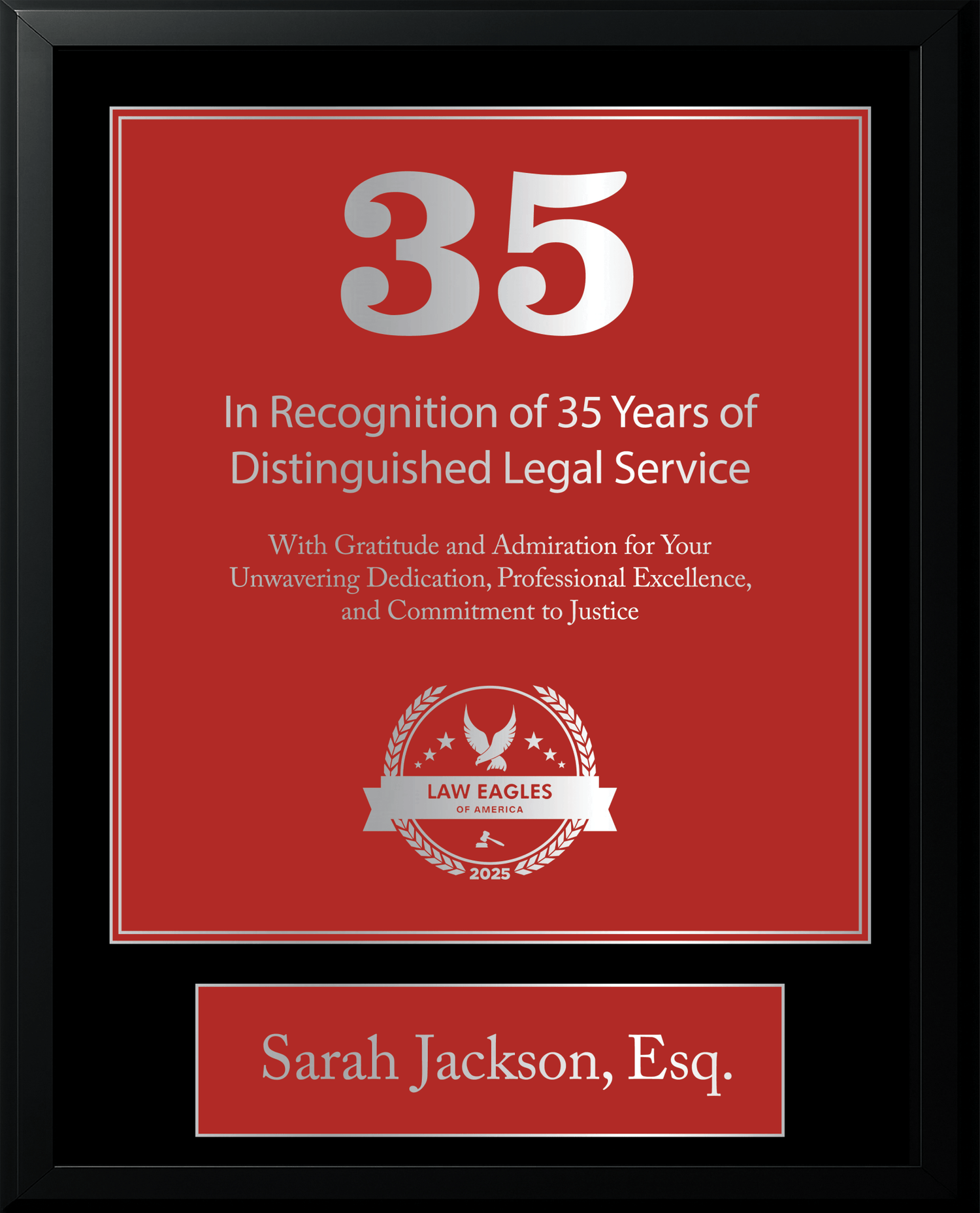 Silver Black Wood Custom Anniversary Recognition Plaque - Law Eagles of America