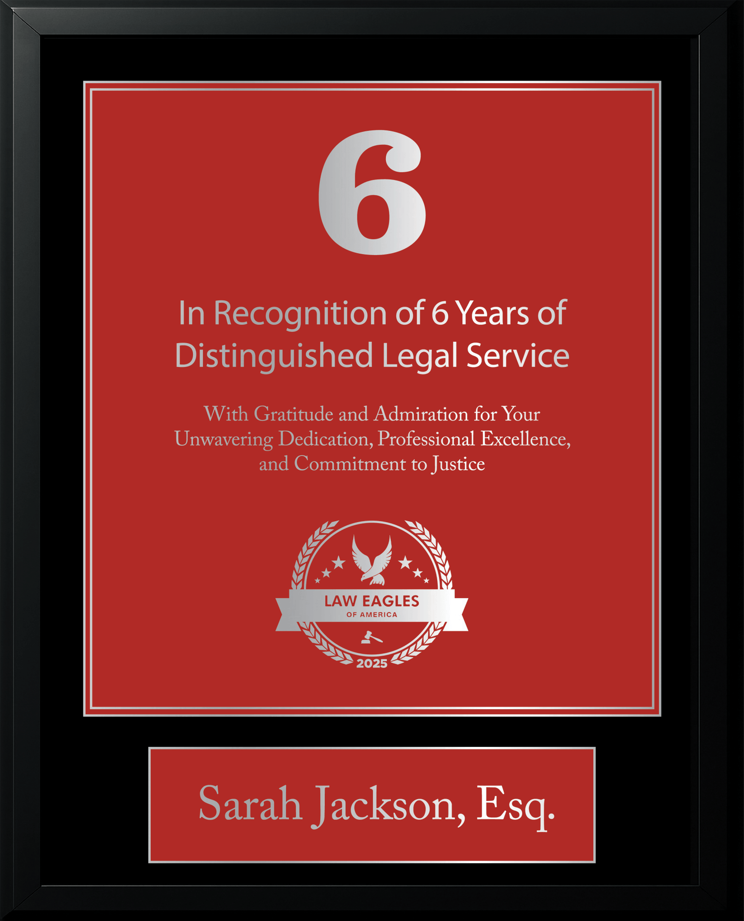 Silver Black Wood Custom Anniversary Recognition Plaque - Law Eagles of America